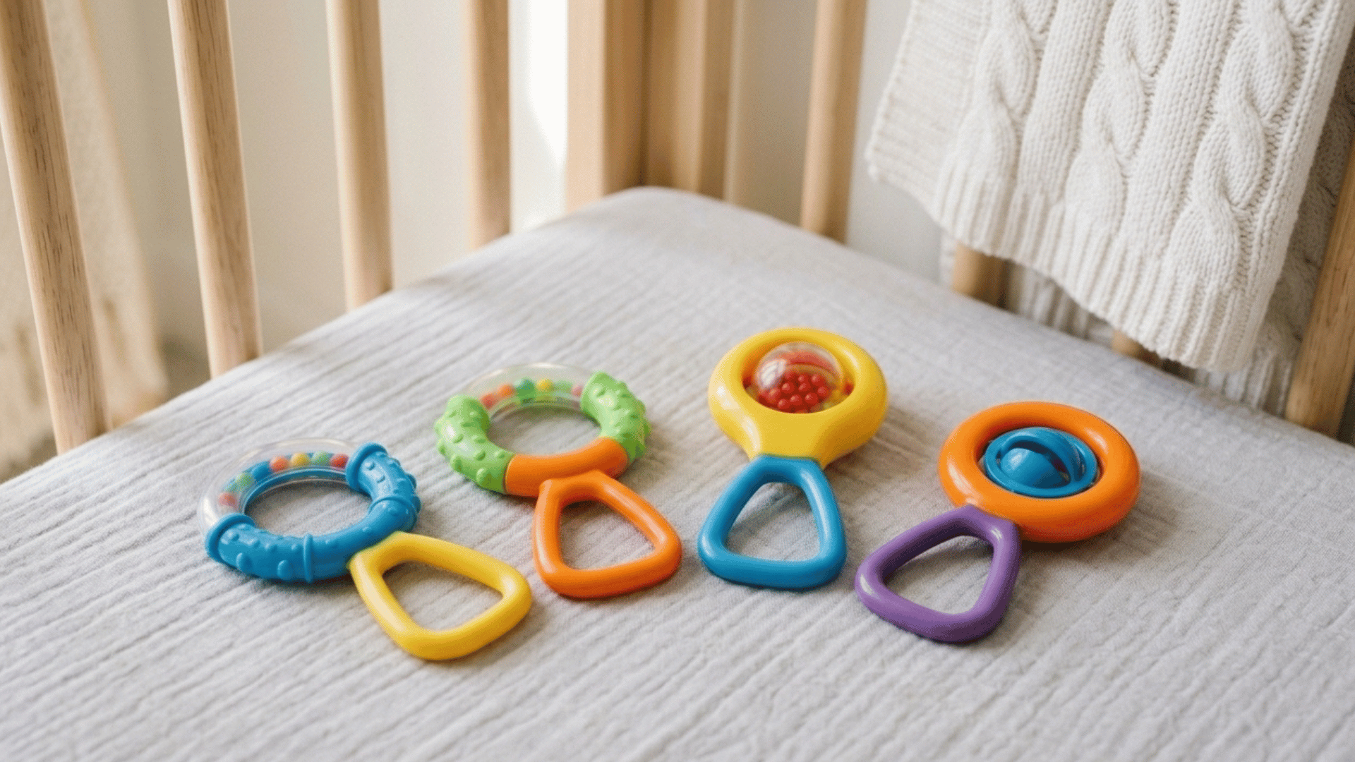 four colourful baby rattles with easy-grip handles arranged on a soft grey nursery blanket