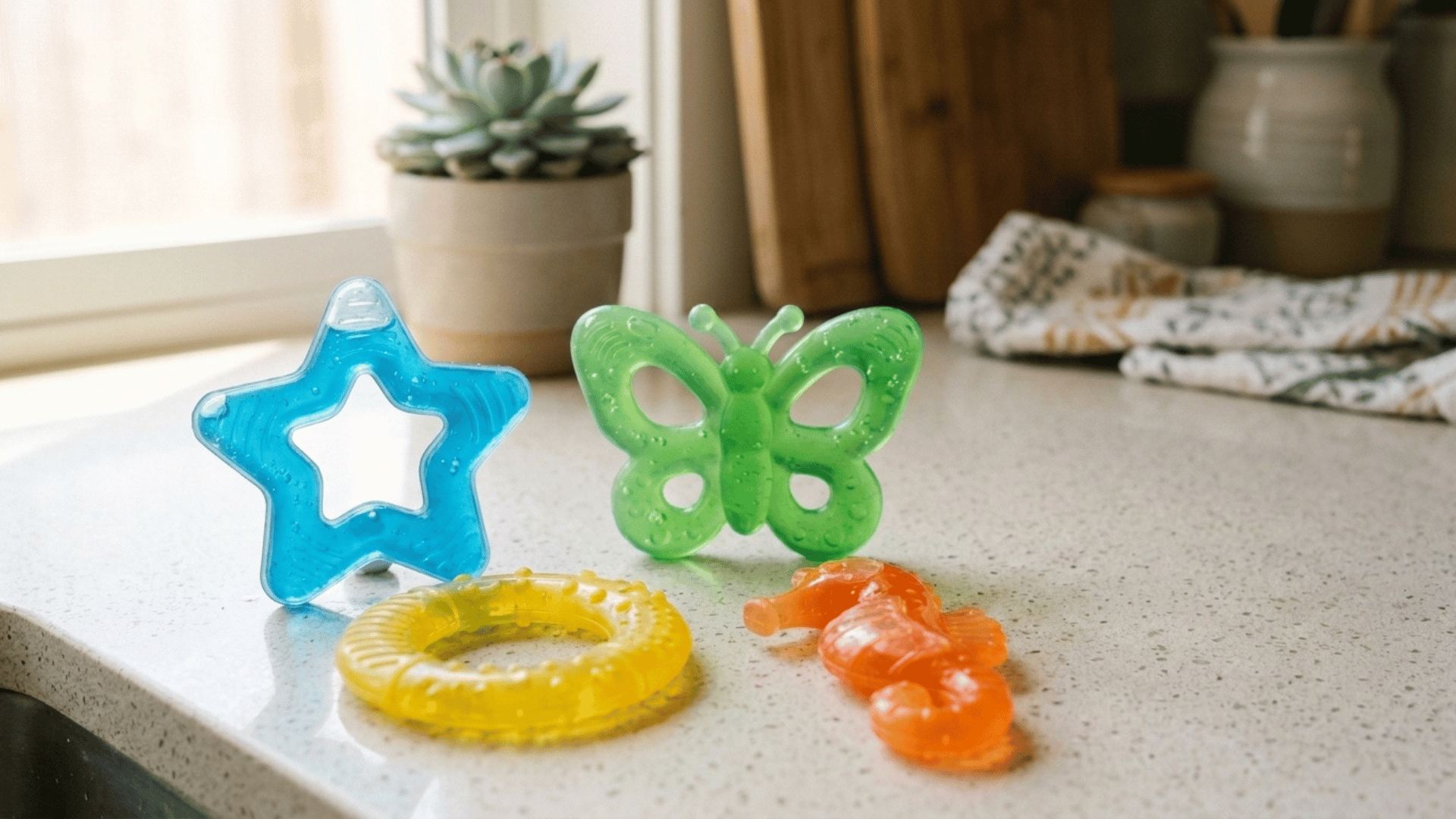 colourful translucent gel teethers shaped like a star, butterfly, ring and animal on a counter