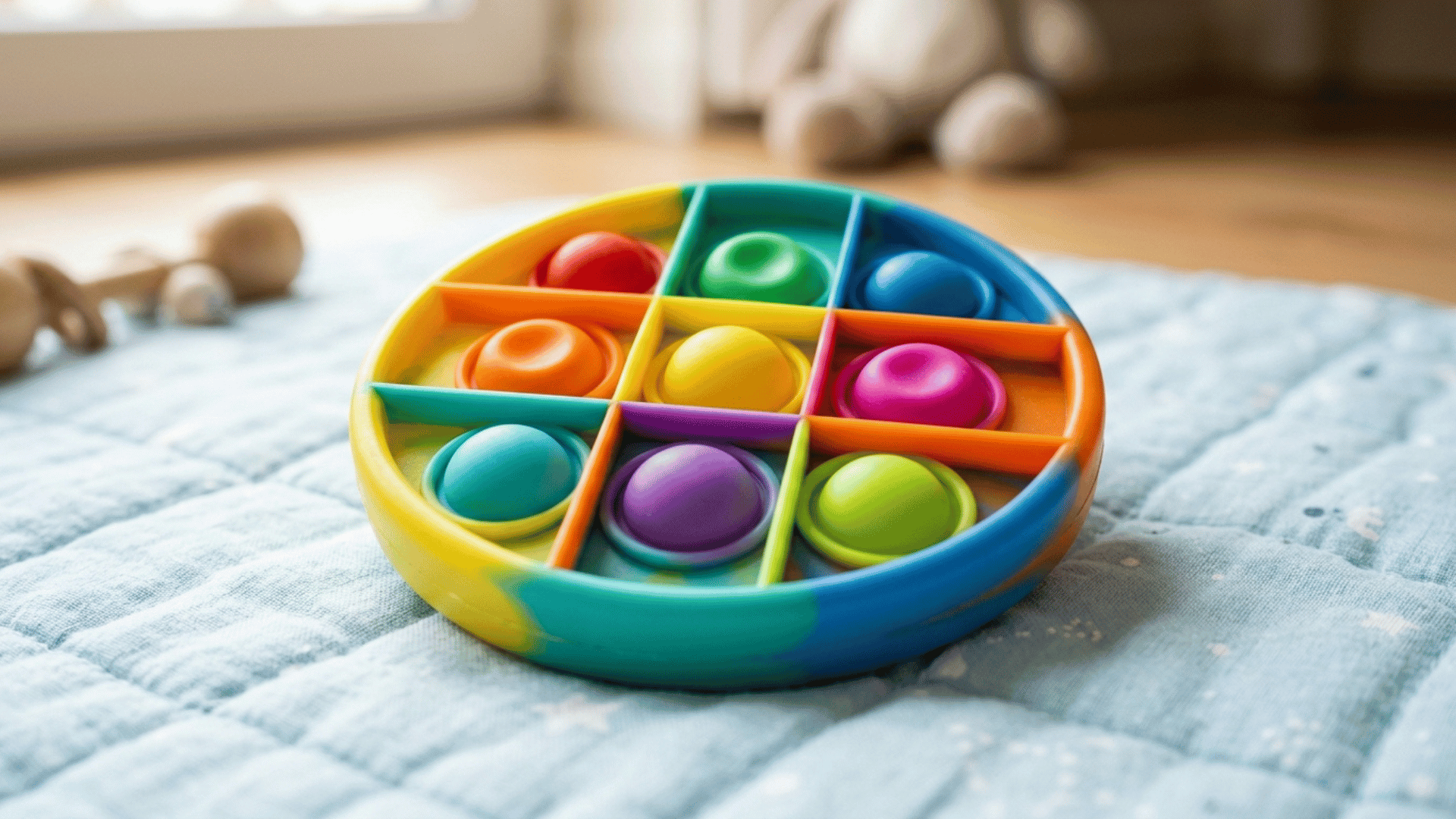 round rainbow press-and-pop sensory toy with colourful buttons resting on a soft baby blanket