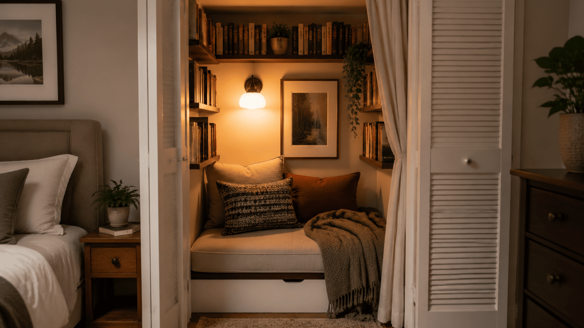 converted closet reading nook with cushioned seat, wall shelves, books, lighting, and private enclosed space