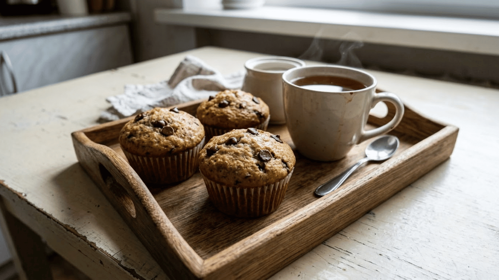 cooled-down banana and chocolate chip muffins with tea in a tray