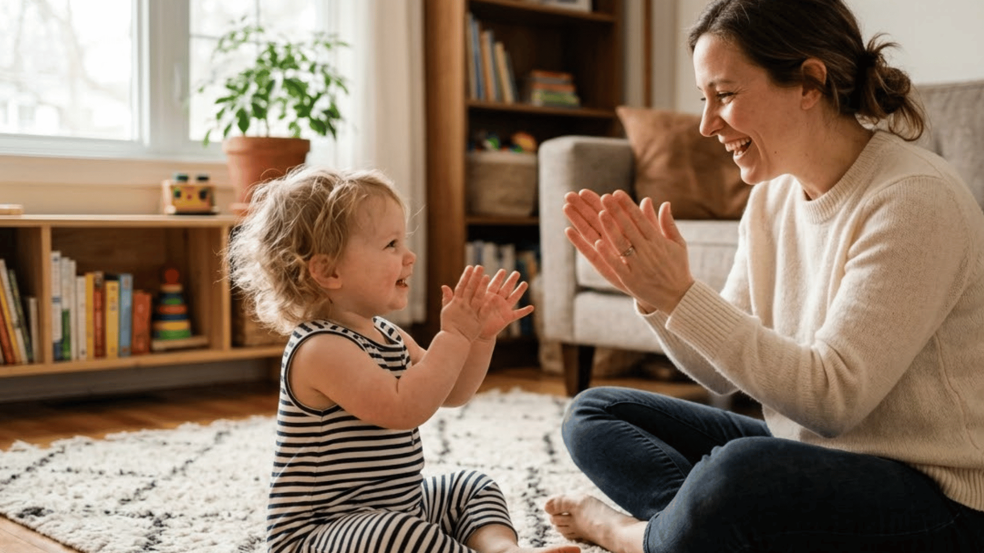 parent and toddler clap hands together facing each other during a copy me game