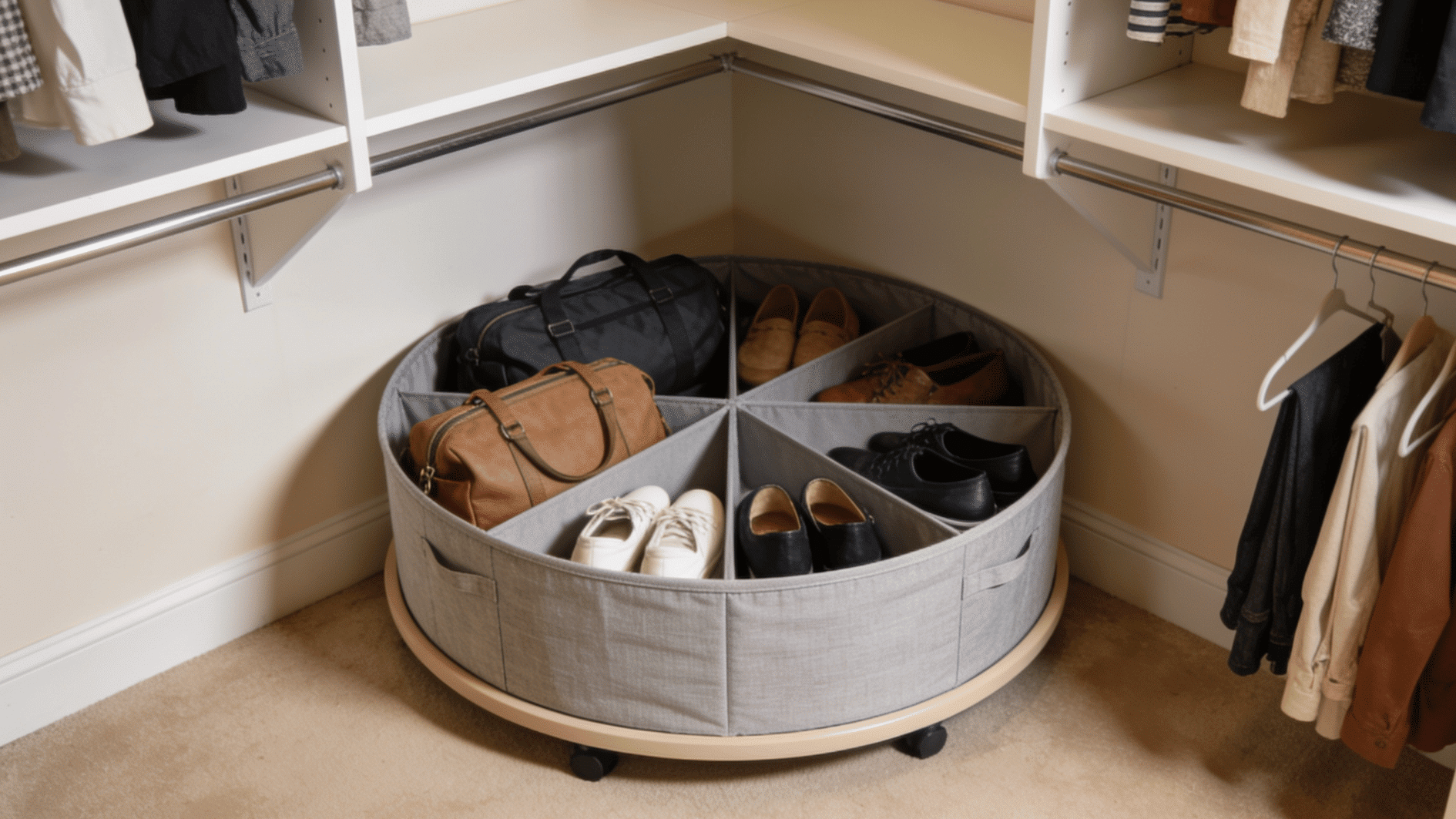 corner catch-all bin organizer with divided storage sections for bags and shoes in a walk-in closet