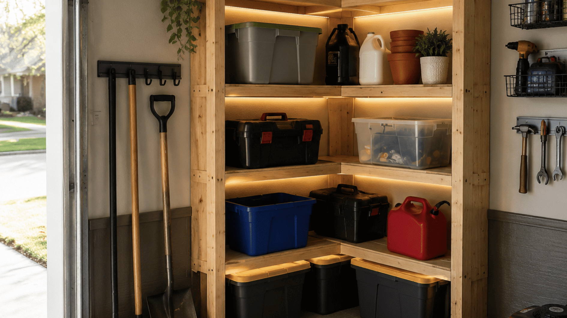 corner garage shelves with storage bins tools gardening equipment and organized supplies in wooden shelving