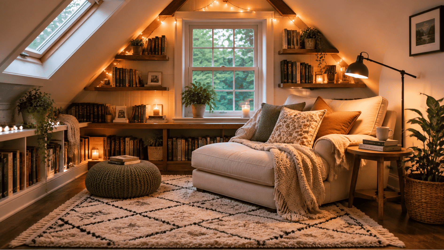 cozy attic reading nook with sloped ceiling, floor cushion, bookshelves, warm lights, and soft rug decor
