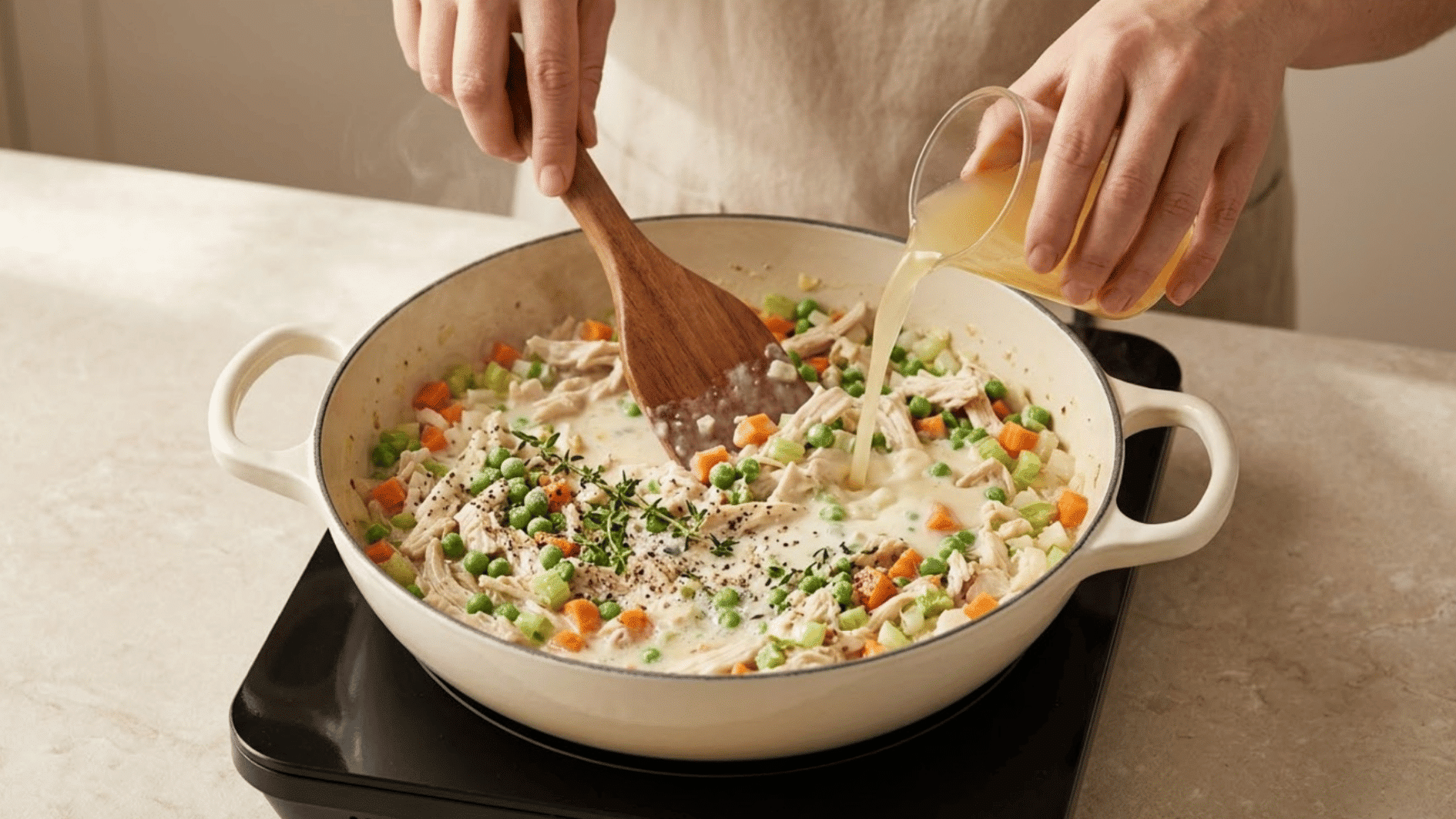 creamy chicken pot pie filling simmering with peas in a cast iron skillet