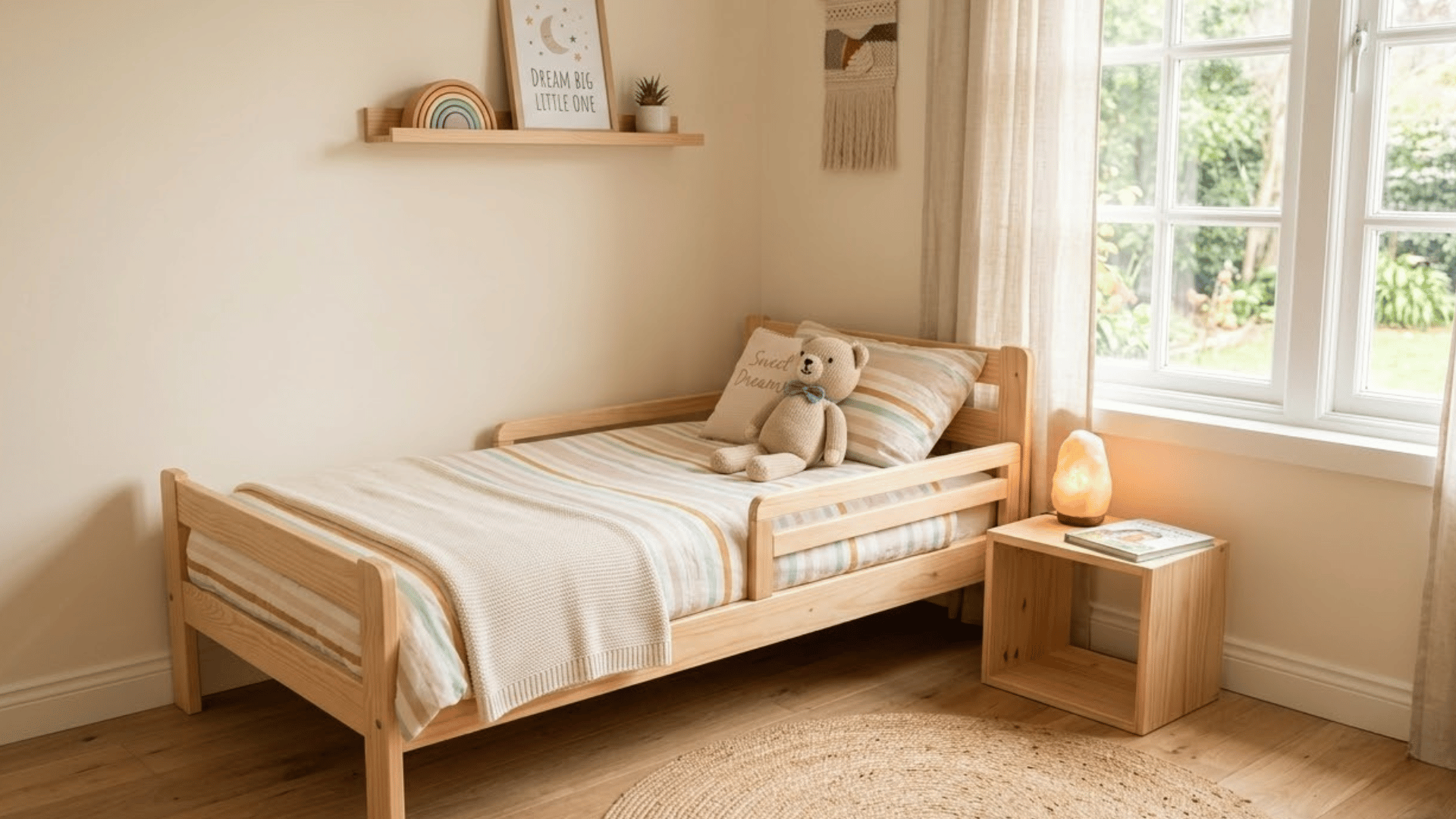 wooden toddler bed with safety rail and striped bedding in a cozy, sunlit nursery