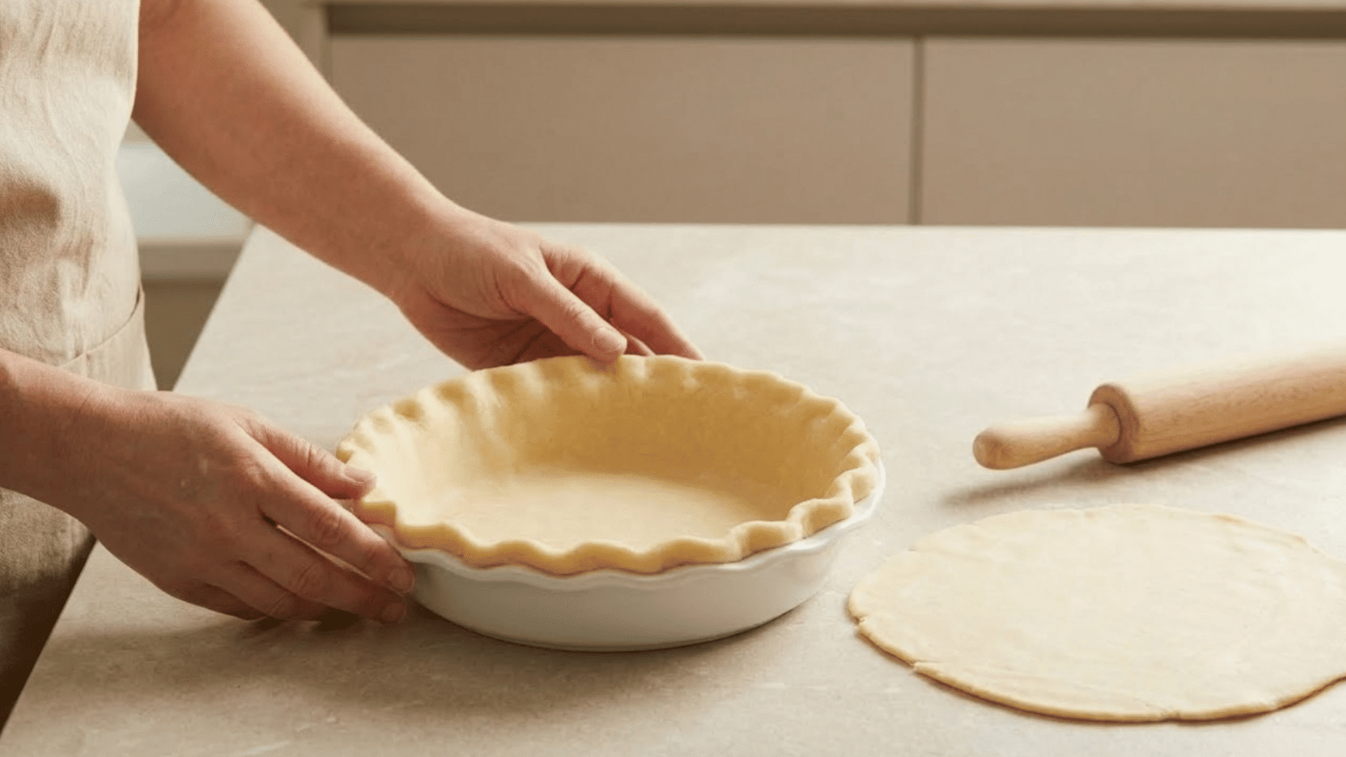 crimped pie crust pressed into a baking dish beside rolled dough and a rolling pin