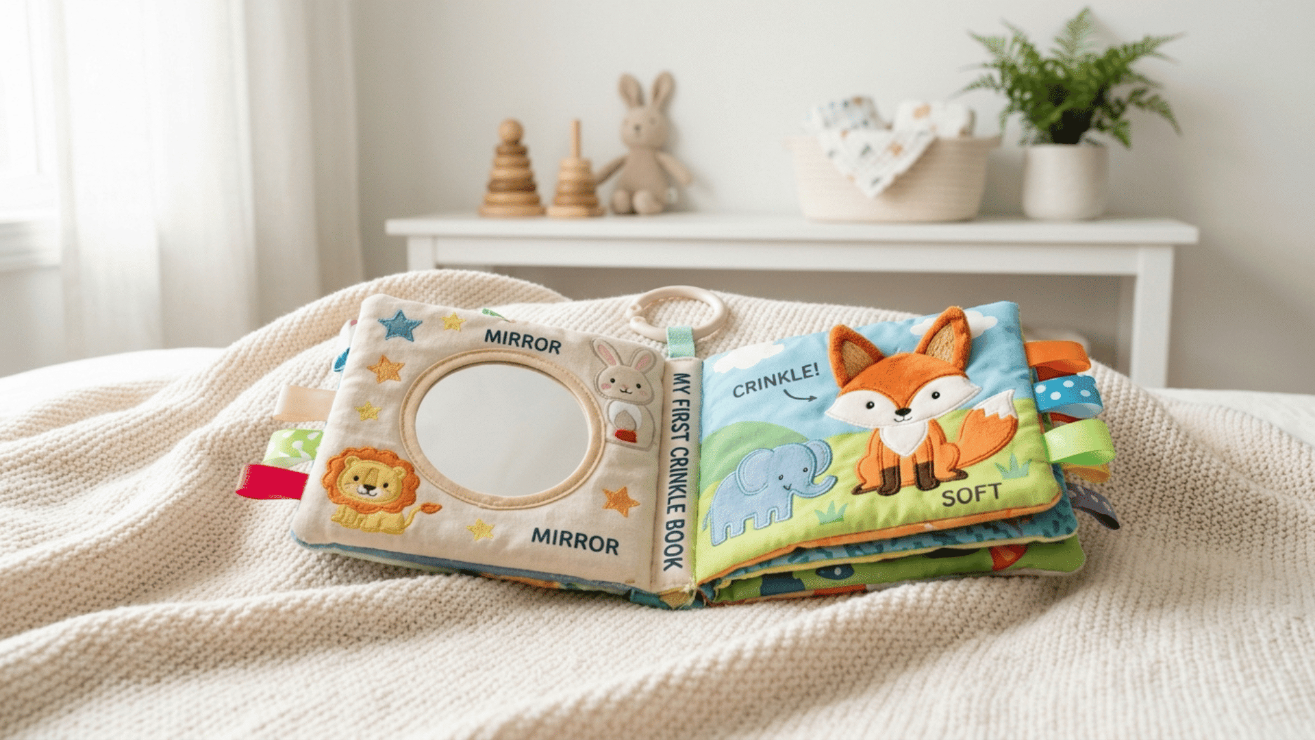 open baby crinkle book with a mirror, fox illustration and colourful sensory ribbons on a knitted blanket