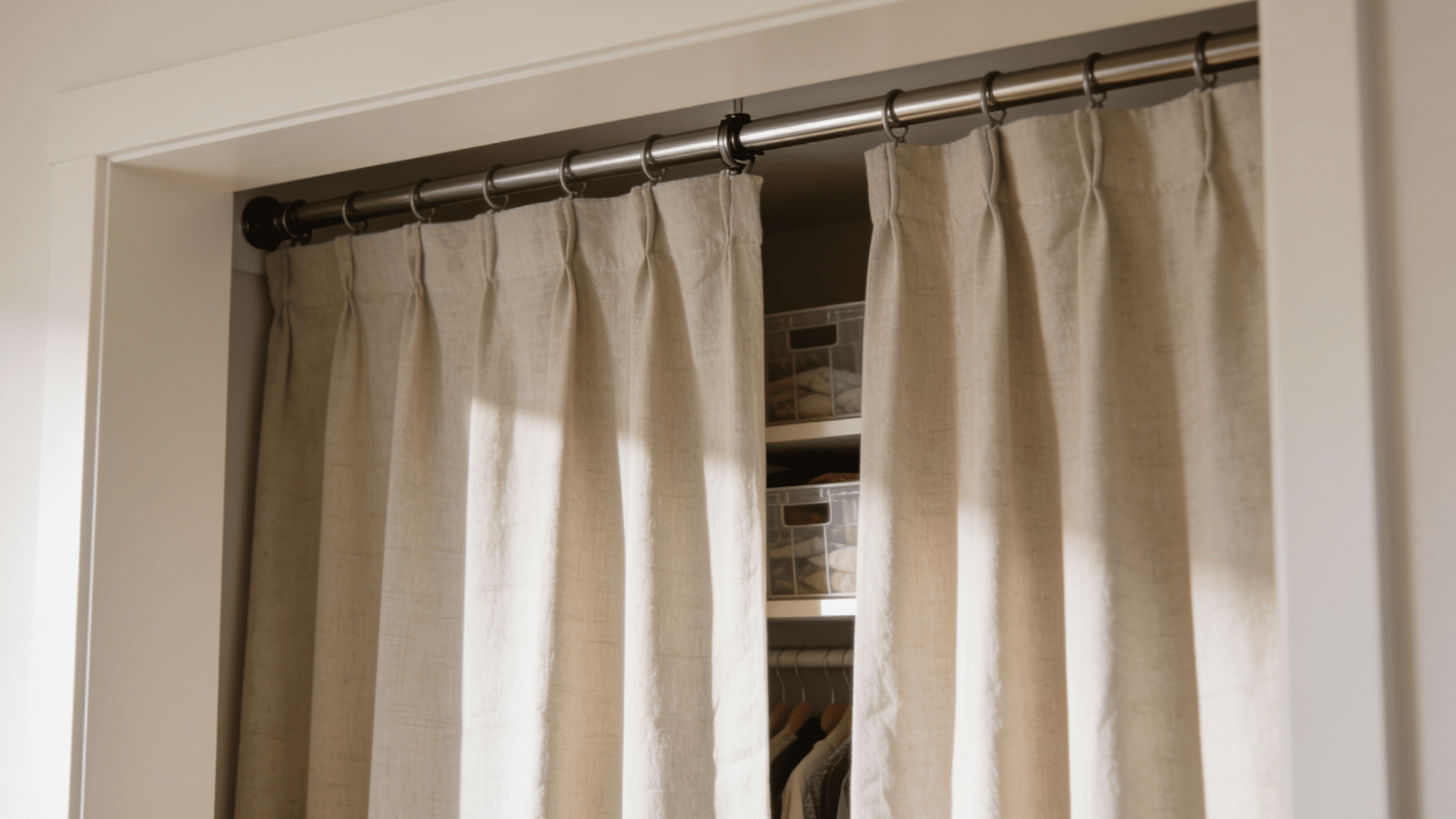 curtain closet cover with fabric panels hiding an open closet storage area behind a tension rod