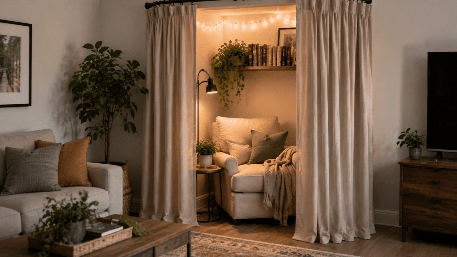 curtained corner reading nook with armchair, floor curtains, books, lamp, and private cozy reading space
