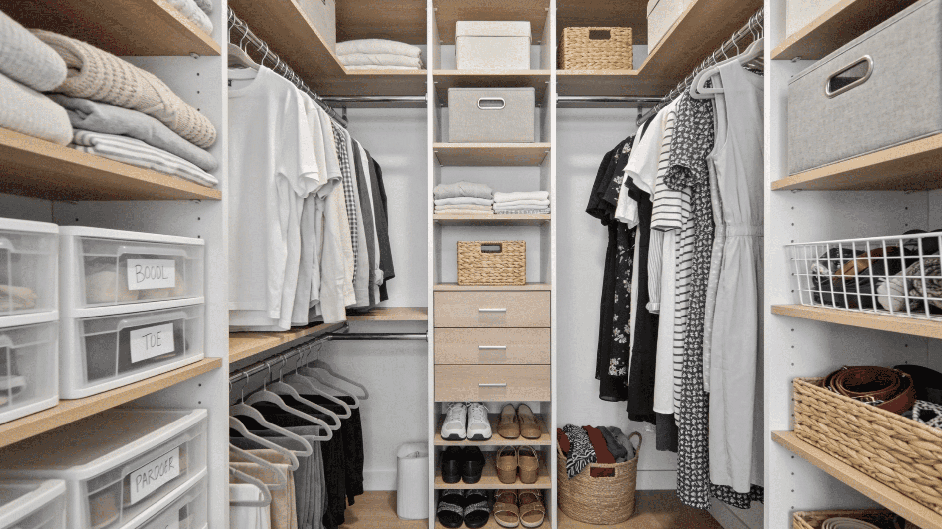 custom DIY closet organizer system with shelves drawers rods baskets and storage bins for organized clothing space
