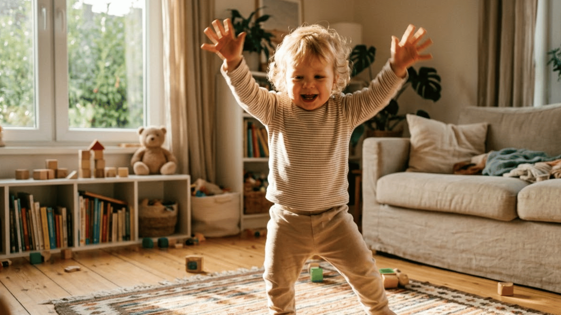 toddler stands with arms raised mid movement during a freeze and go dance game