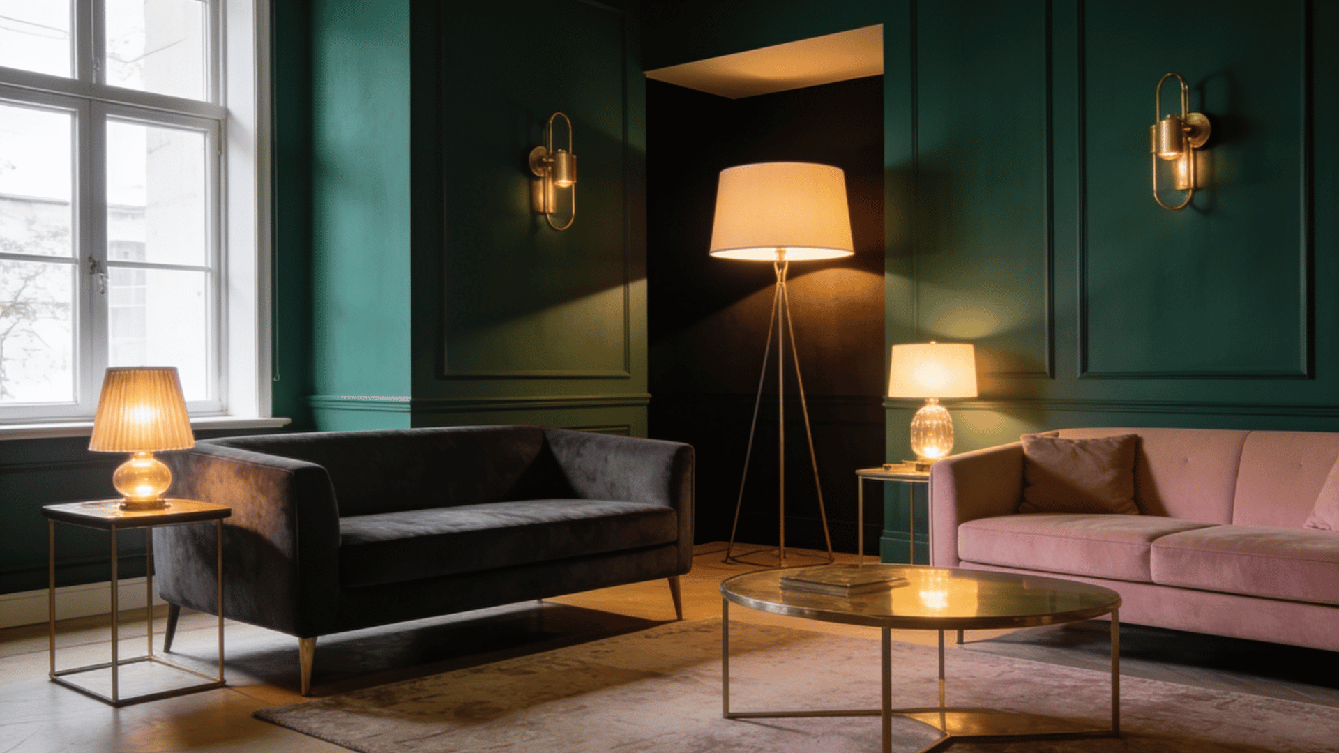 dark living room with layered lighting, floor lamps, and wall lights creating a cozy balanced room atmosphere