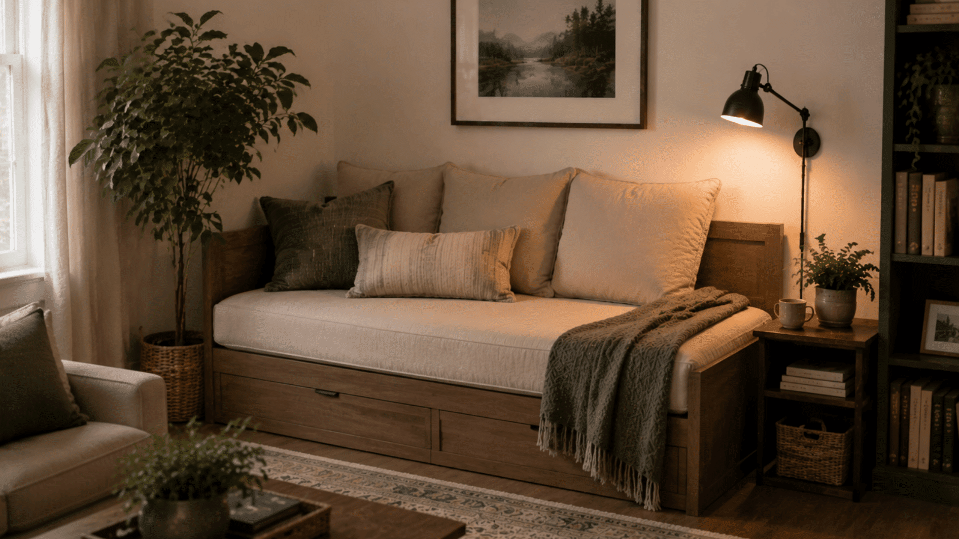 daybed reading nook with pillows, blanket, books, lamp, and comfortable space for relaxing and reading