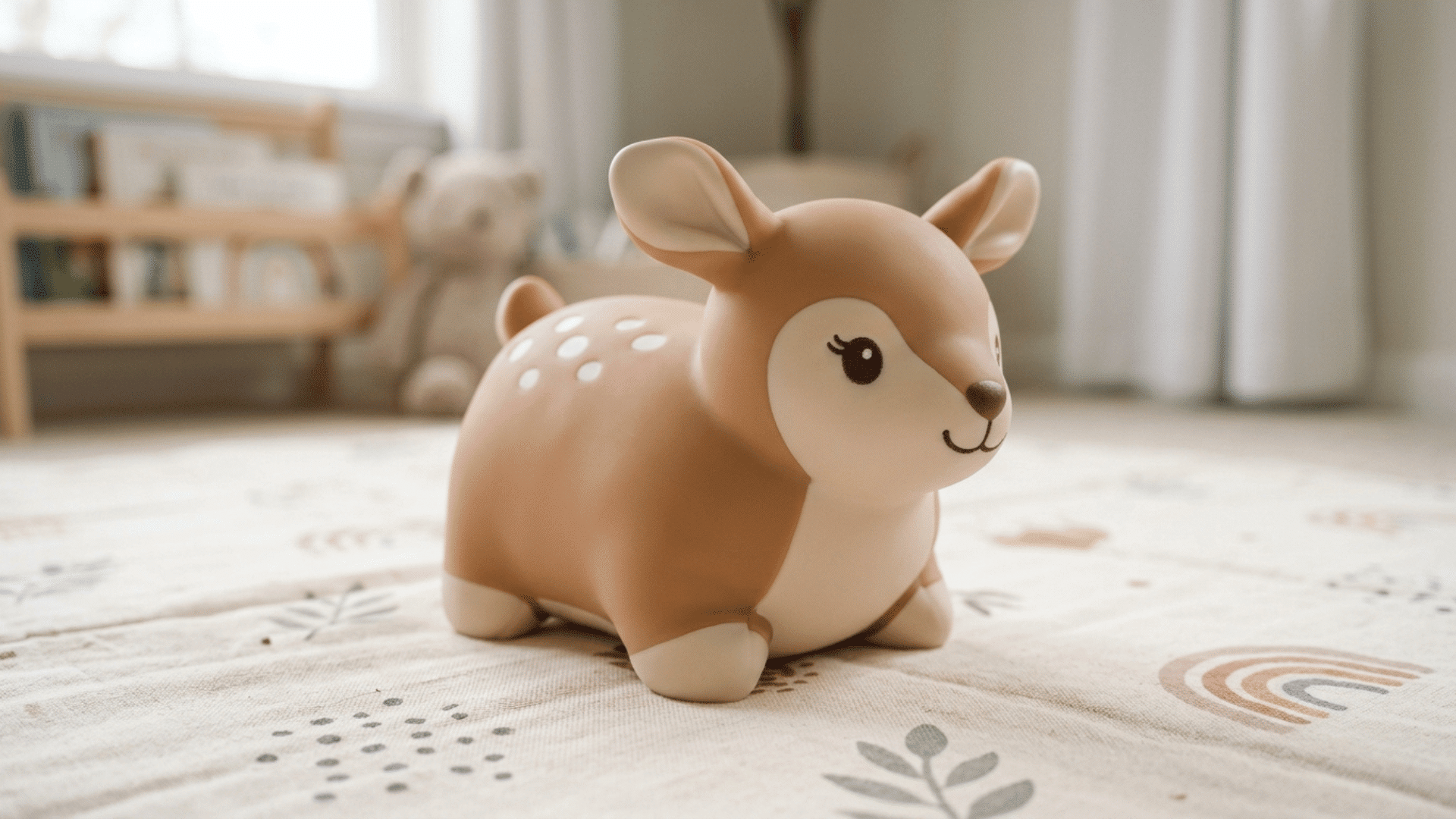 soft brown deer-shaped squeeze toy with white spots sitting on a patterned nursery play mat