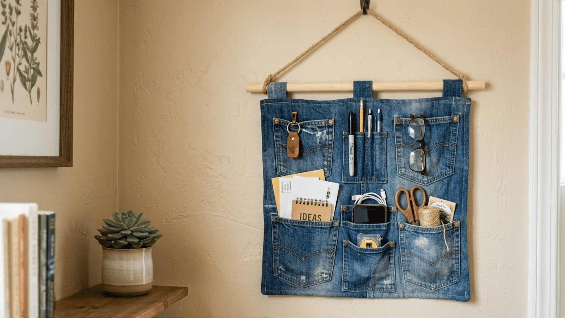 upcycled denim pocket organizer holding a notepad and pens on a desk wall