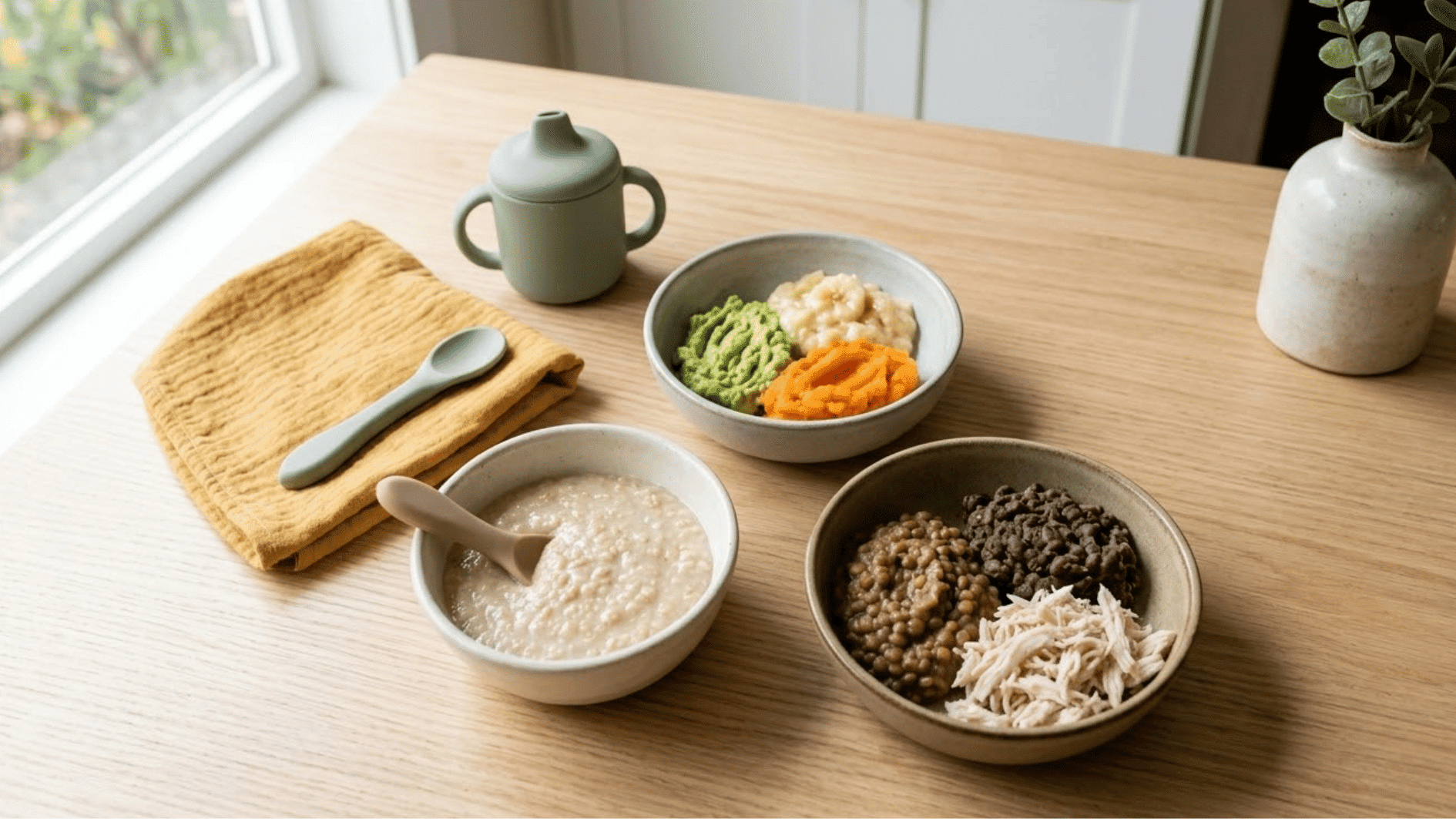 a light wooden table arranged with three groups of age-appropriate baby foods