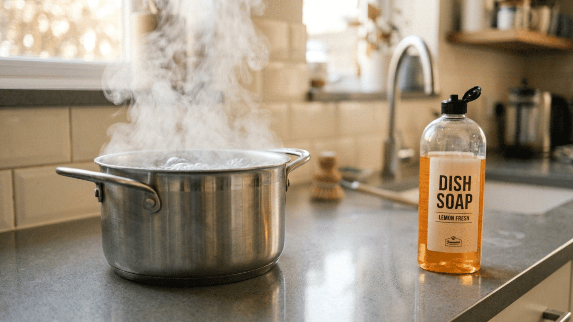dish soap bottle next to a steaming pot of boiling water on a kitchen counter for unclogging grease