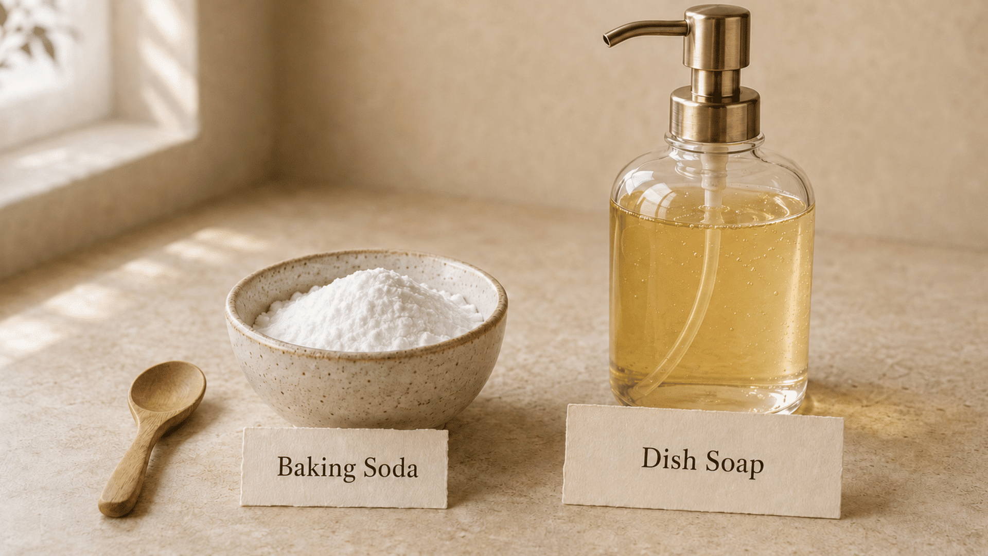 baking soda and liquid soap in labeled containers on a warm beige countertop