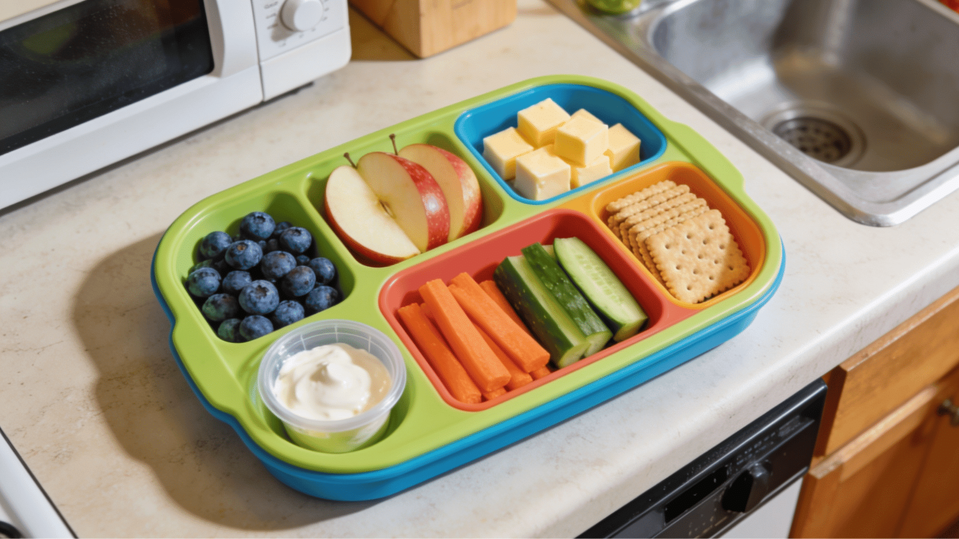 divided kids snack tray with separate compartments holding fruits cheese crackers and vegetables (1)