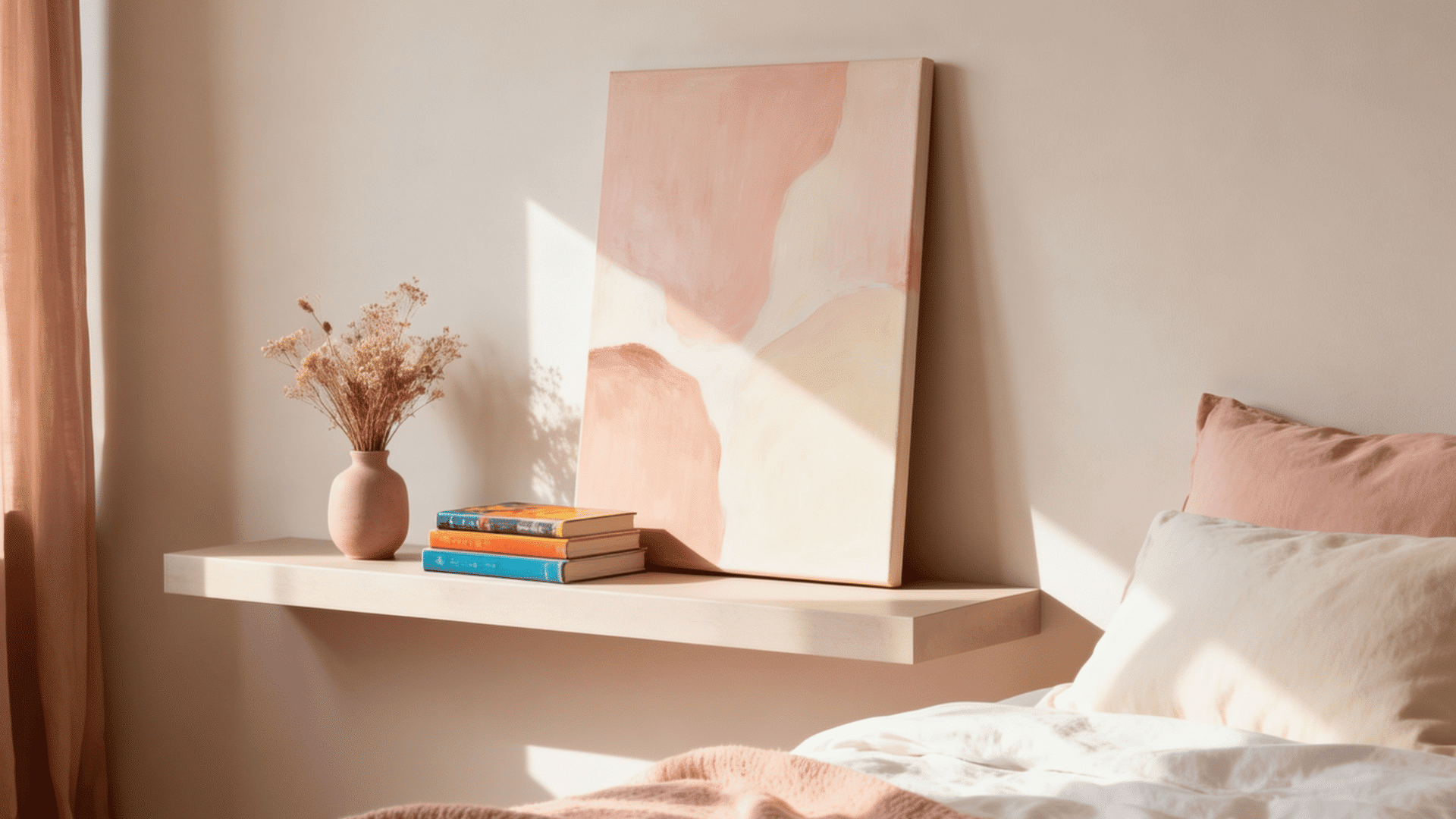 hand-painted abstract canvas in blush tones leaning on a shelf above a bed