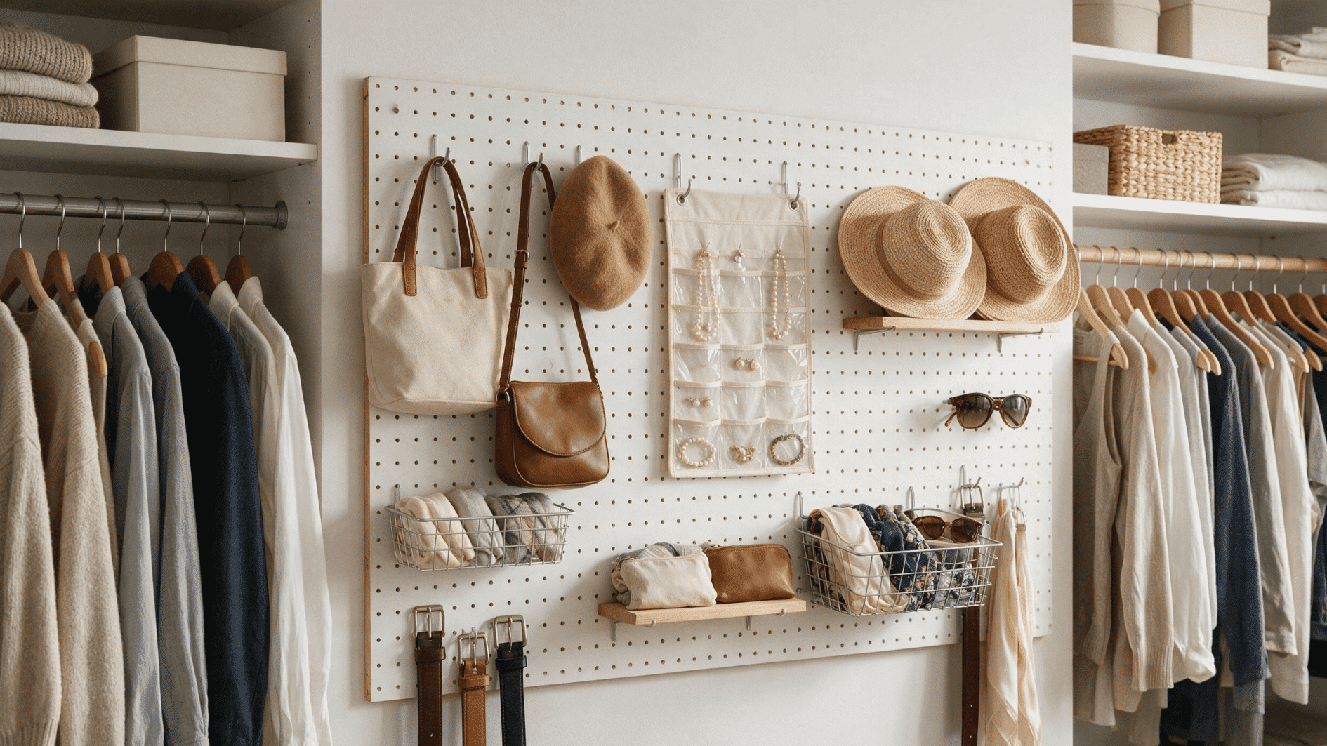 diy closet pegboard with hooks baskets and shelves for customizable accessory storage