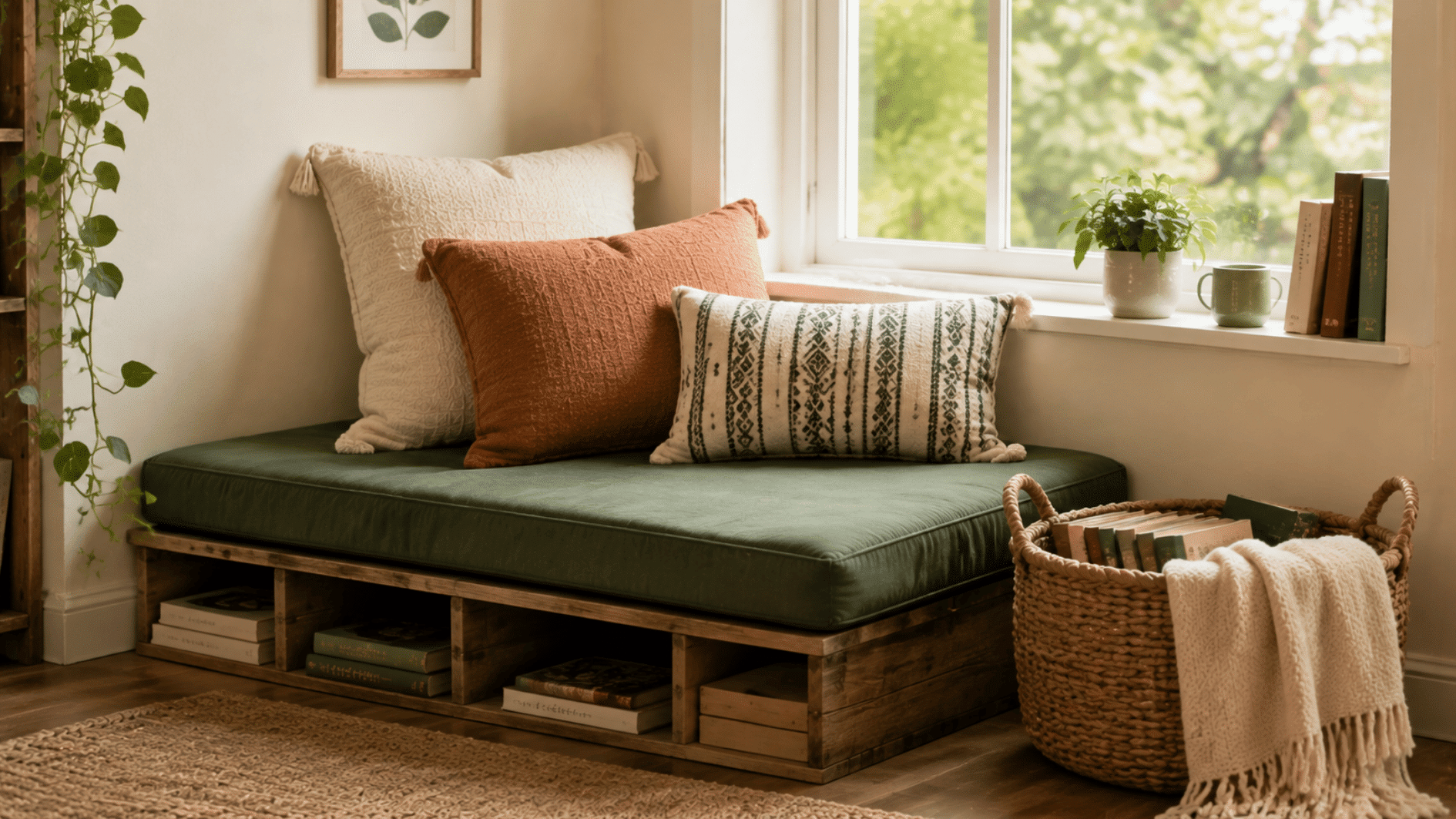 diy cushion reading corner with custom seat, pillows, books, basket, and affordable cozy home setup