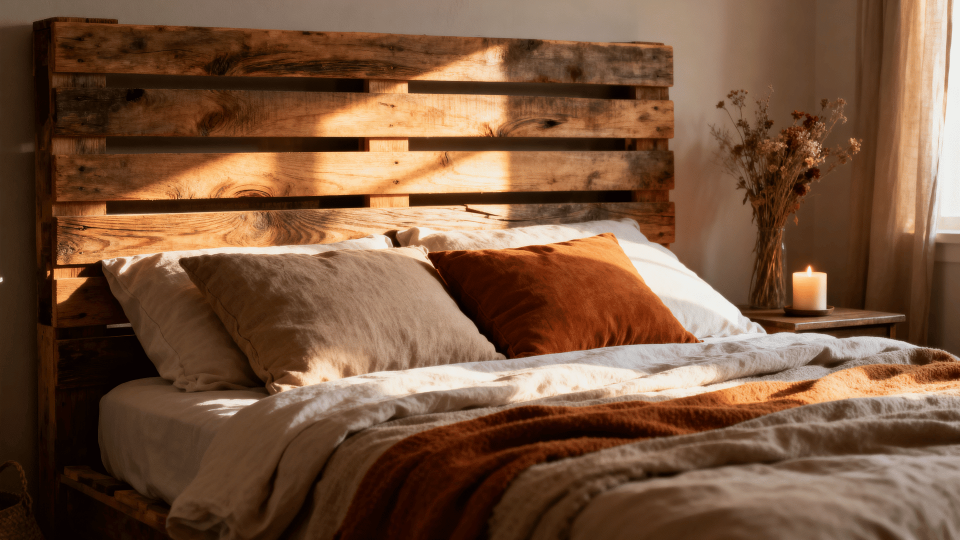 rustic wood pallet headboard behind a neatly made bed