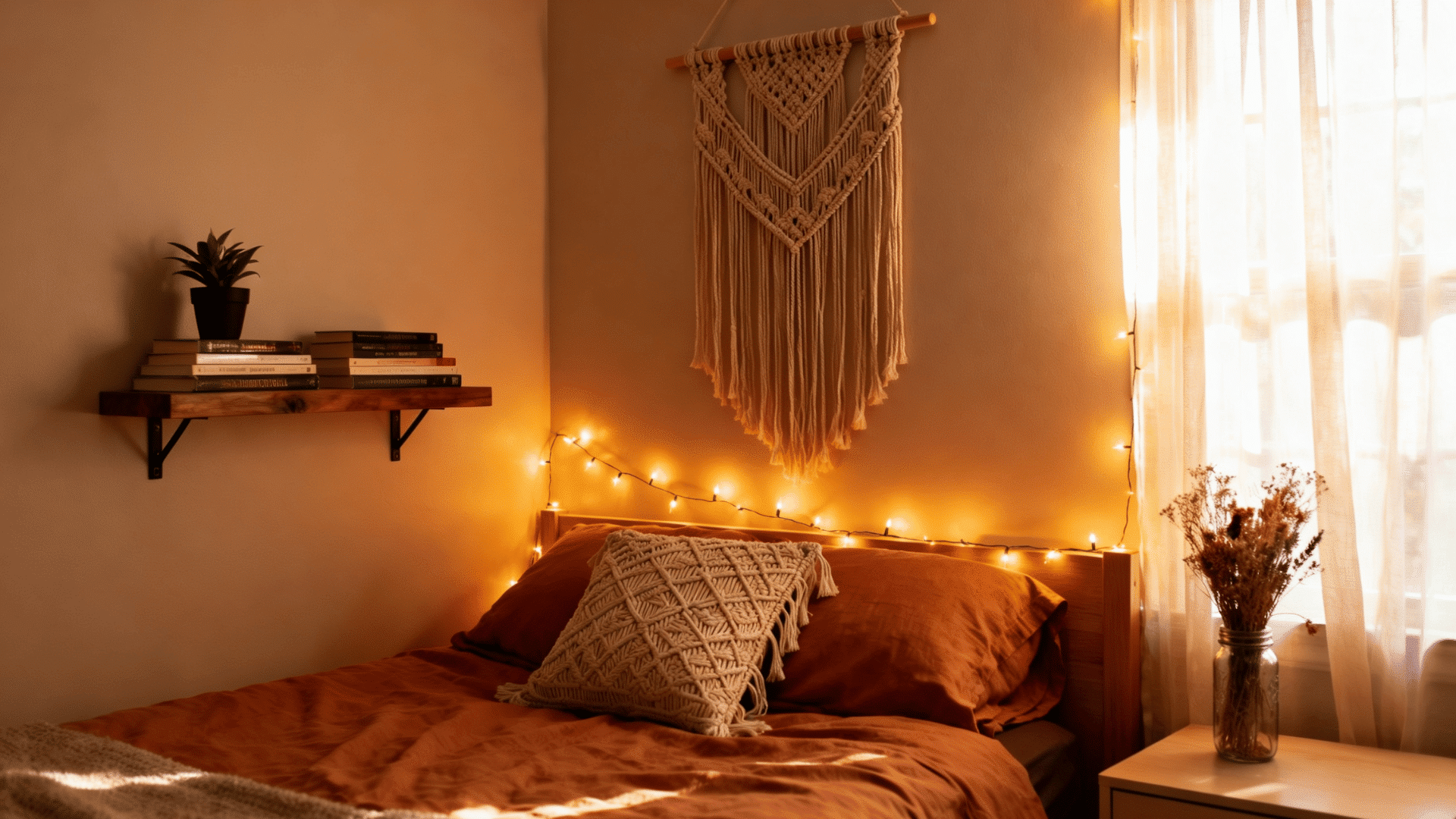 cozy bedroom styled with macrame wall hanging, fairy lights, and floating shelves, full of easy diy room decor ideas