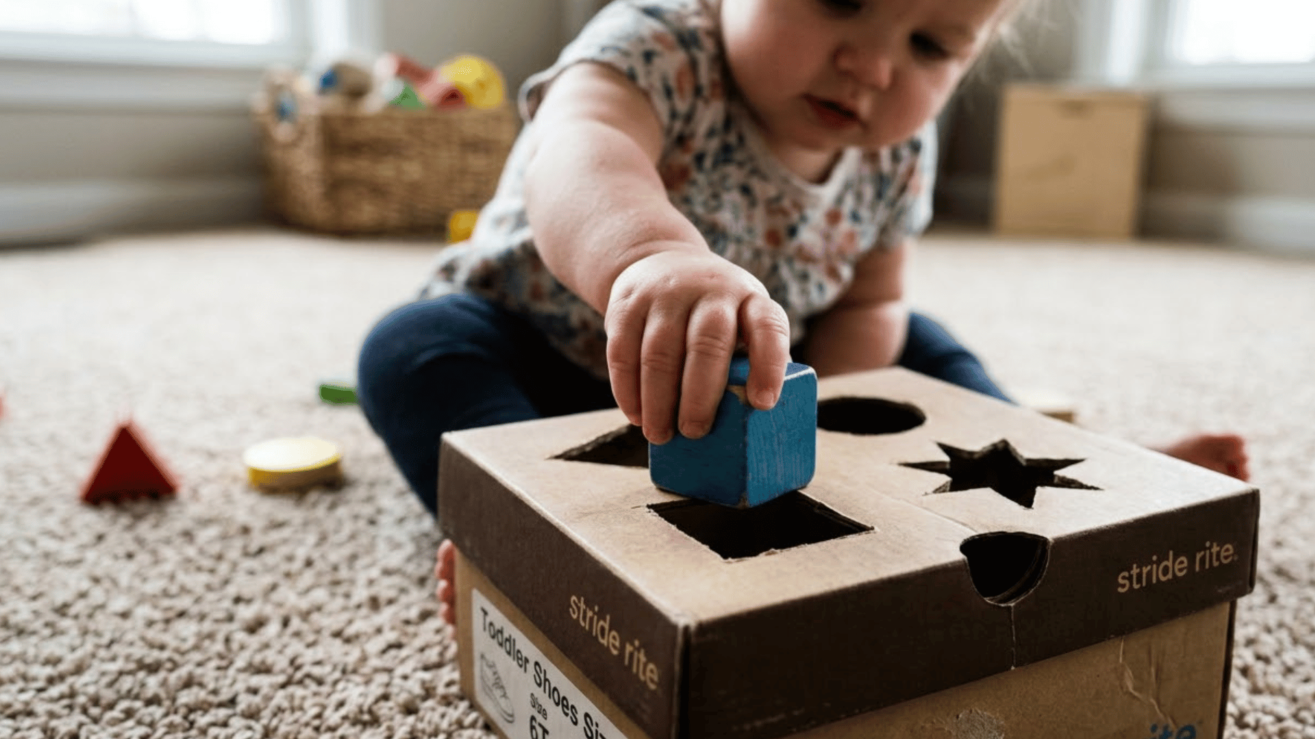 toddler hand holds a wooden block above a shoebox with cut-out shape openings