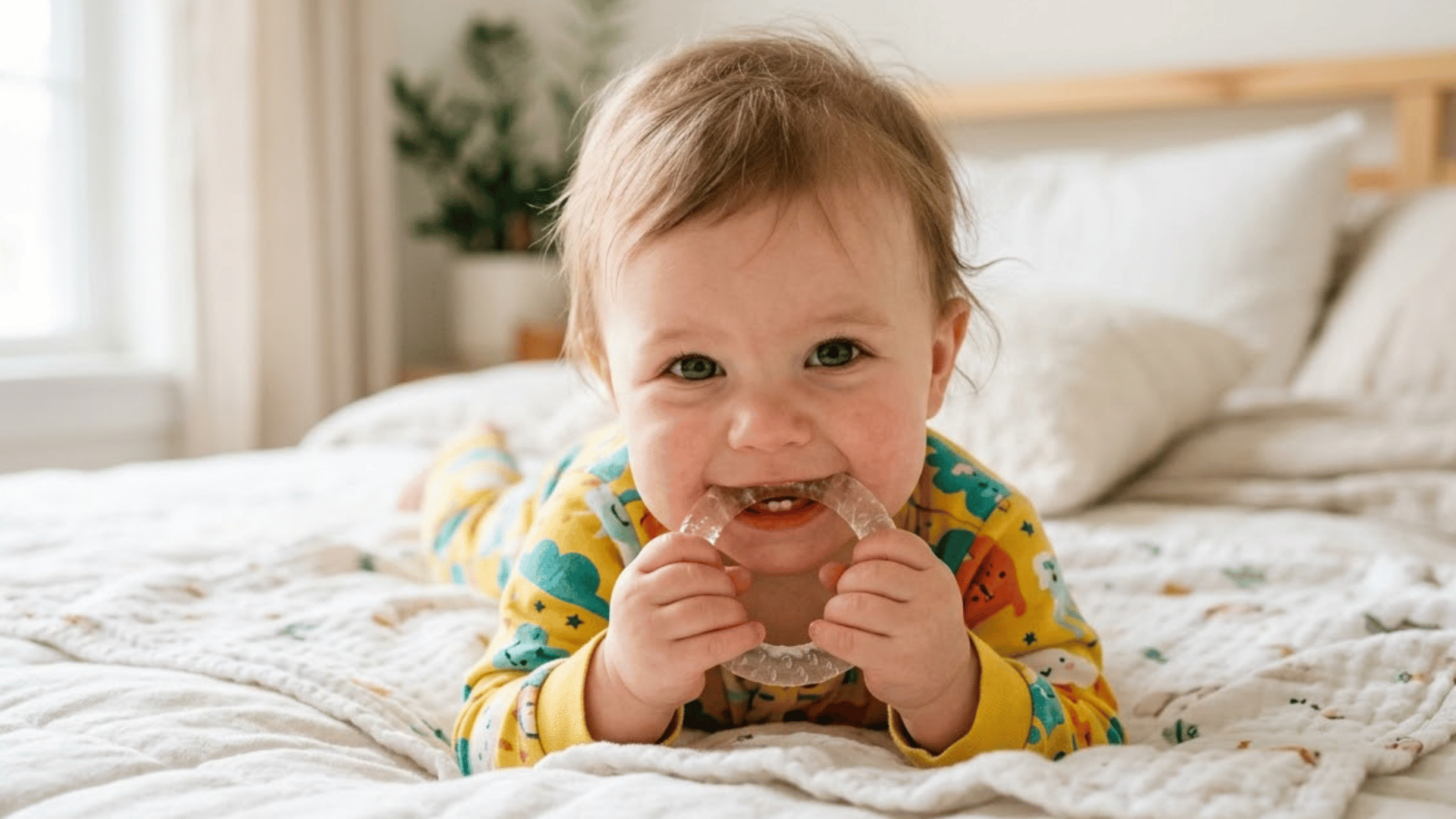 toddler in colorful clothing chewing on a teething ring while lying on a bed