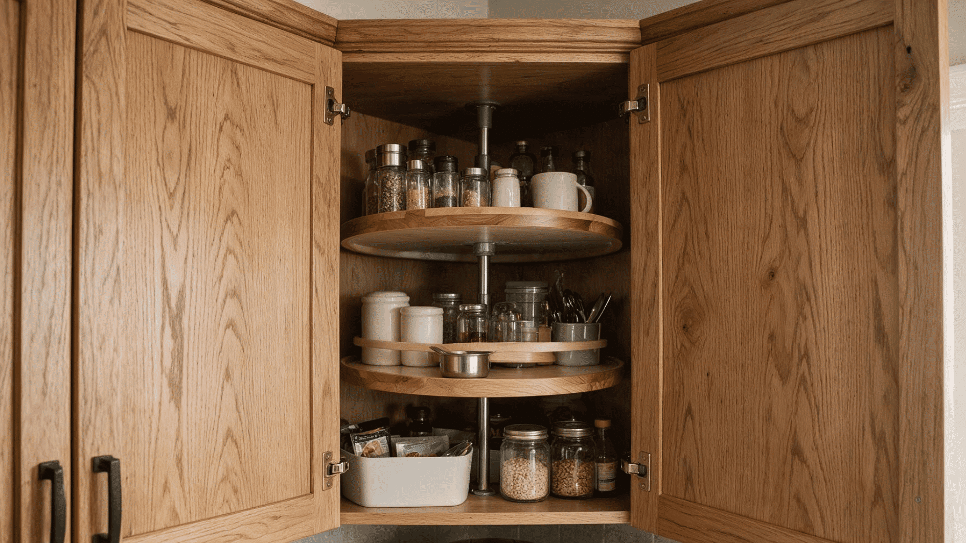double decker lazy susan organizer inside a corner kitchen cabinet for spice storage