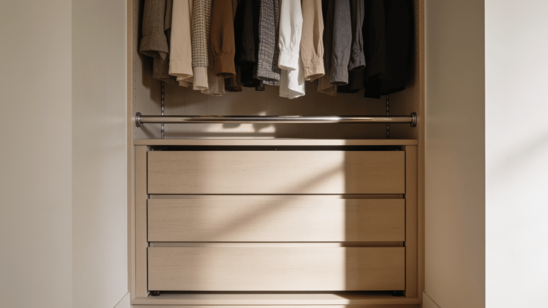 drawer-based reach-in closet system with drawers below hanging clothes for organized storage