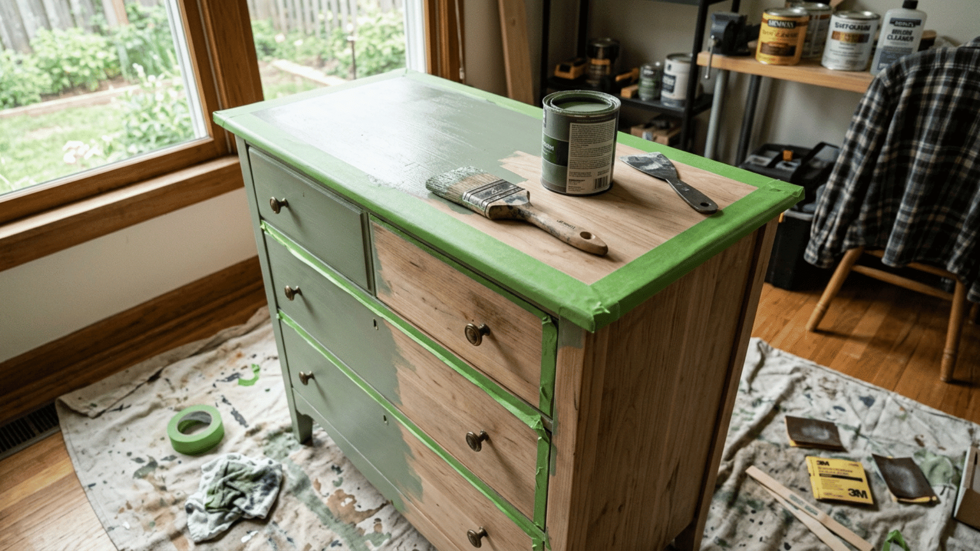 dresser mid-repaint with painter's tape, a diy project for a small guest bedroom