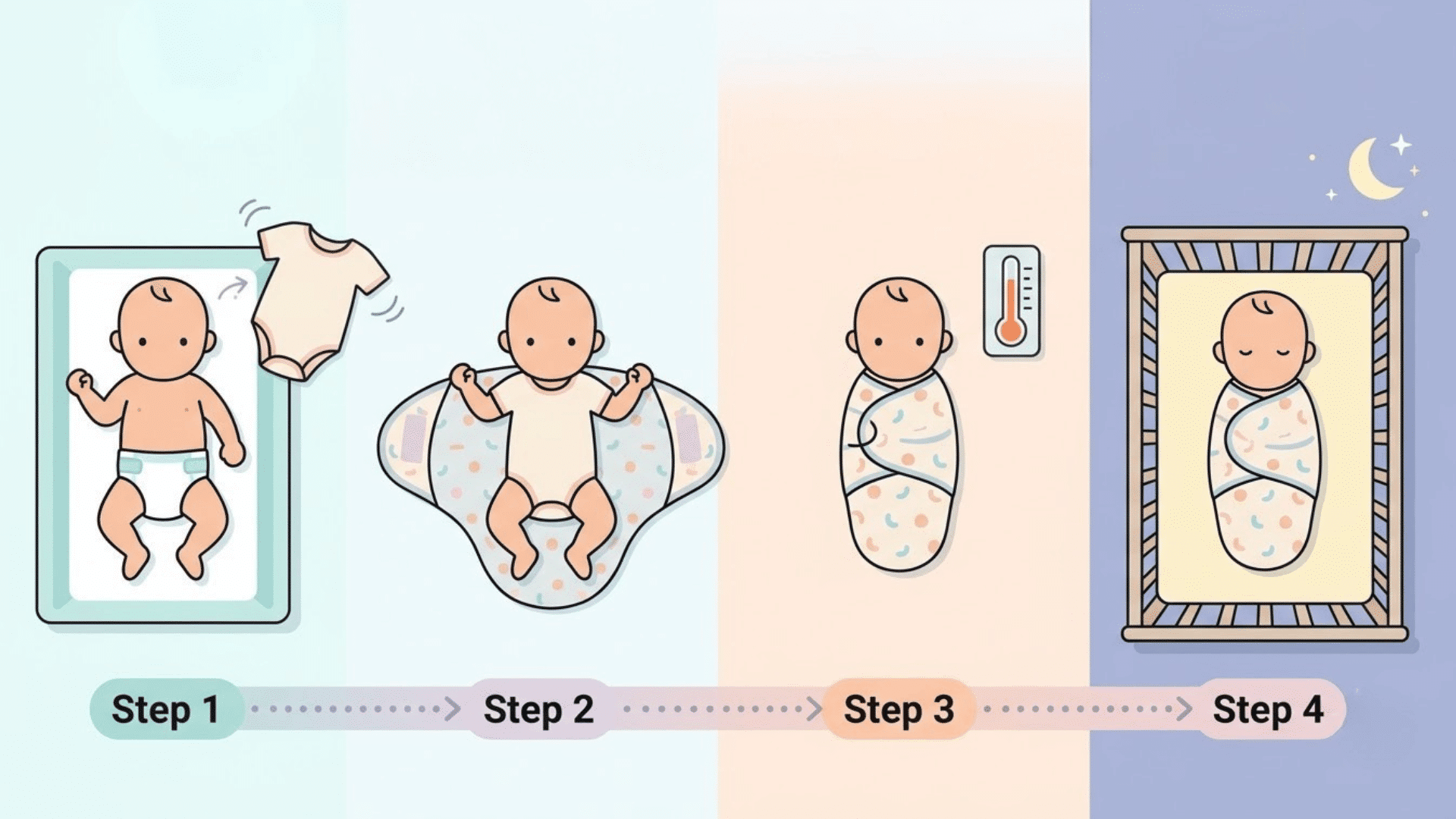 four-step guide to dressing and swaddling a baby for safe sleep, from onesie to crib