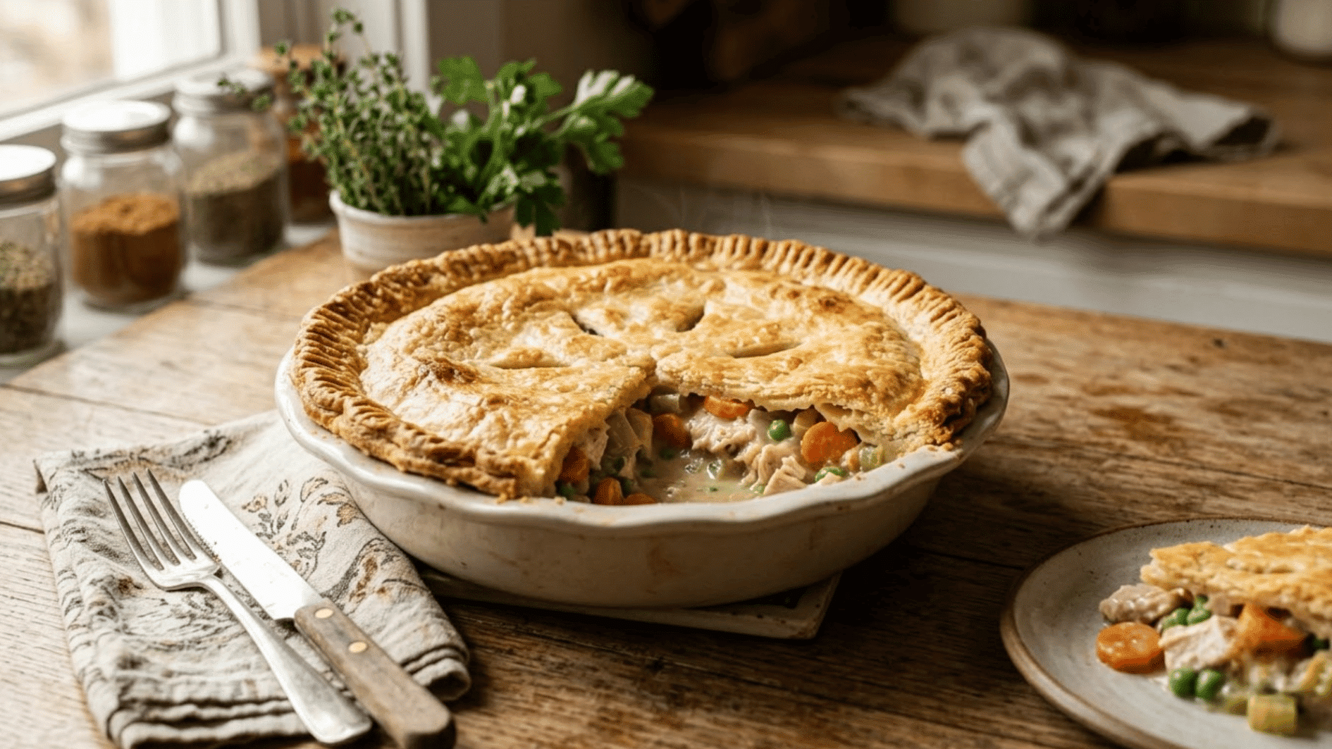 homemade chicken pot pie with golden flaky crust, creamy chicken, carrots, peas, and celery served in a ceramic pie dish