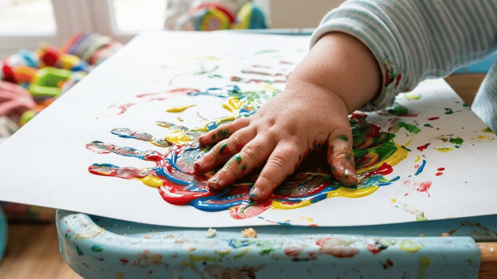 toddler hand presses flat into colorful edible finger paint on a sheet of paper