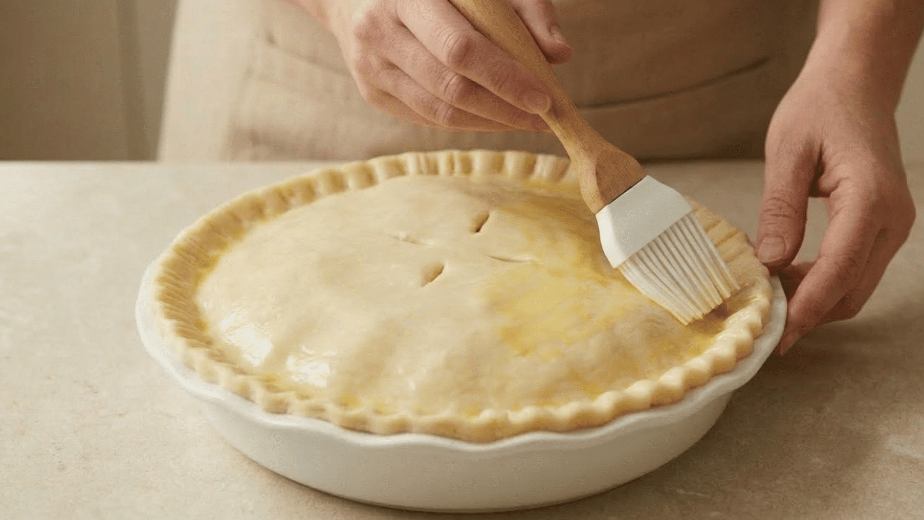 egg wash brushed over an unbaked pie crust with steam vents cut in the top