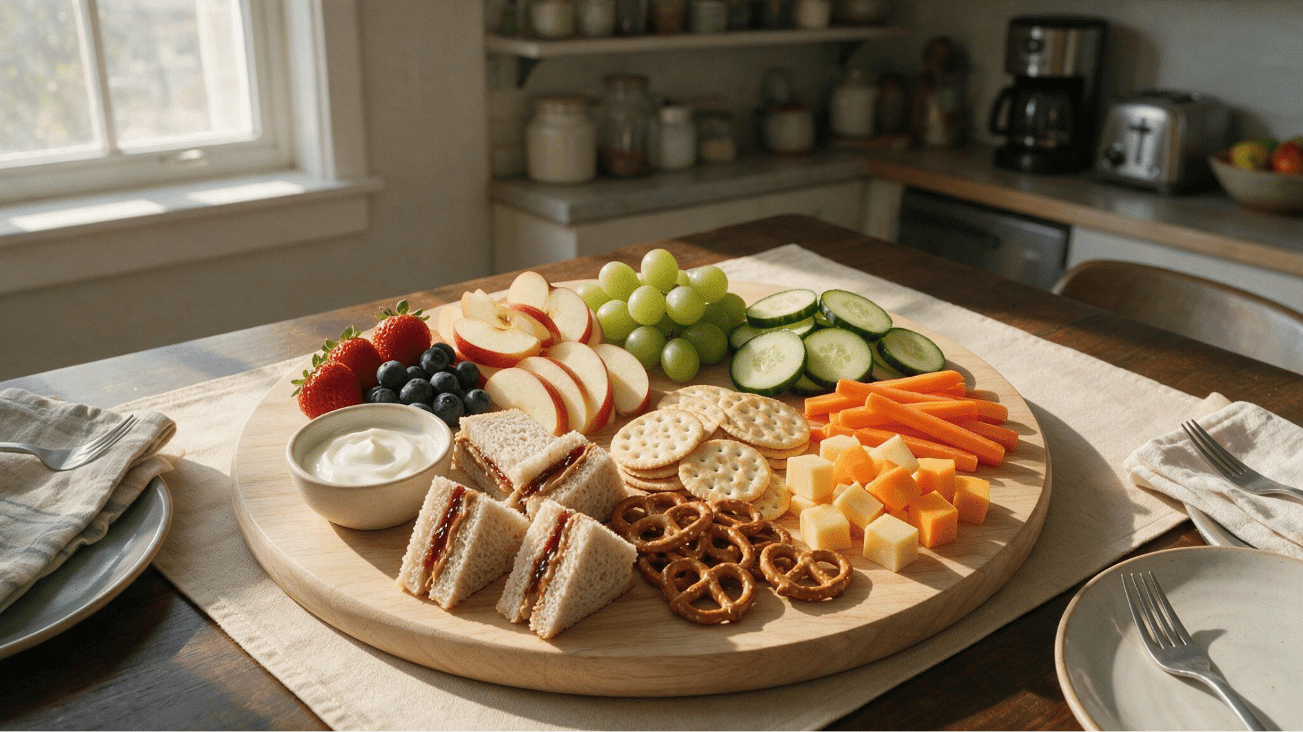 everyday kids charcuterie board with fruits vegetables crackers cheese and simple snacks