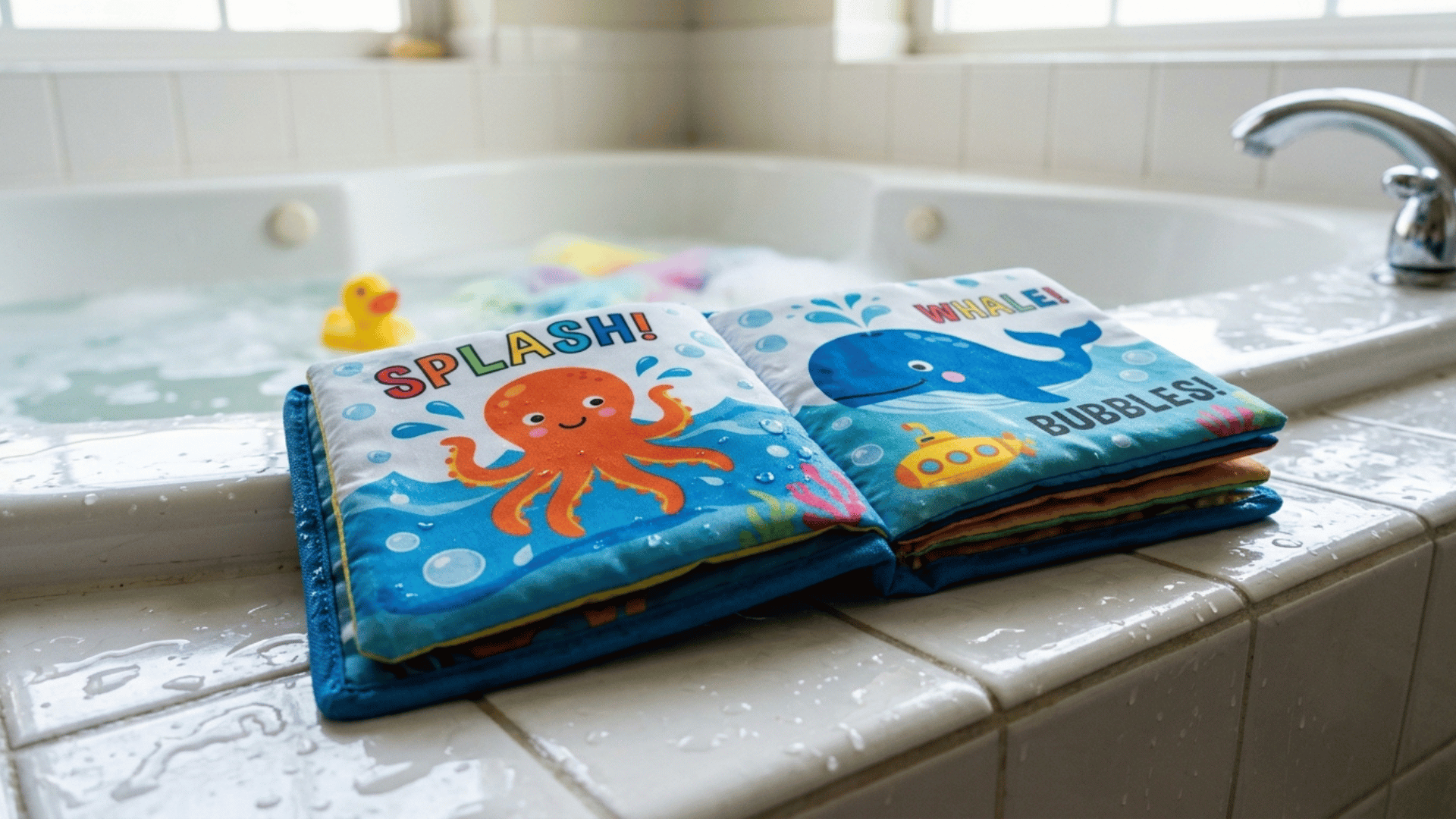 wet fabric bath book with an octopus, whale and underwater pictures resting beside a bathtub
