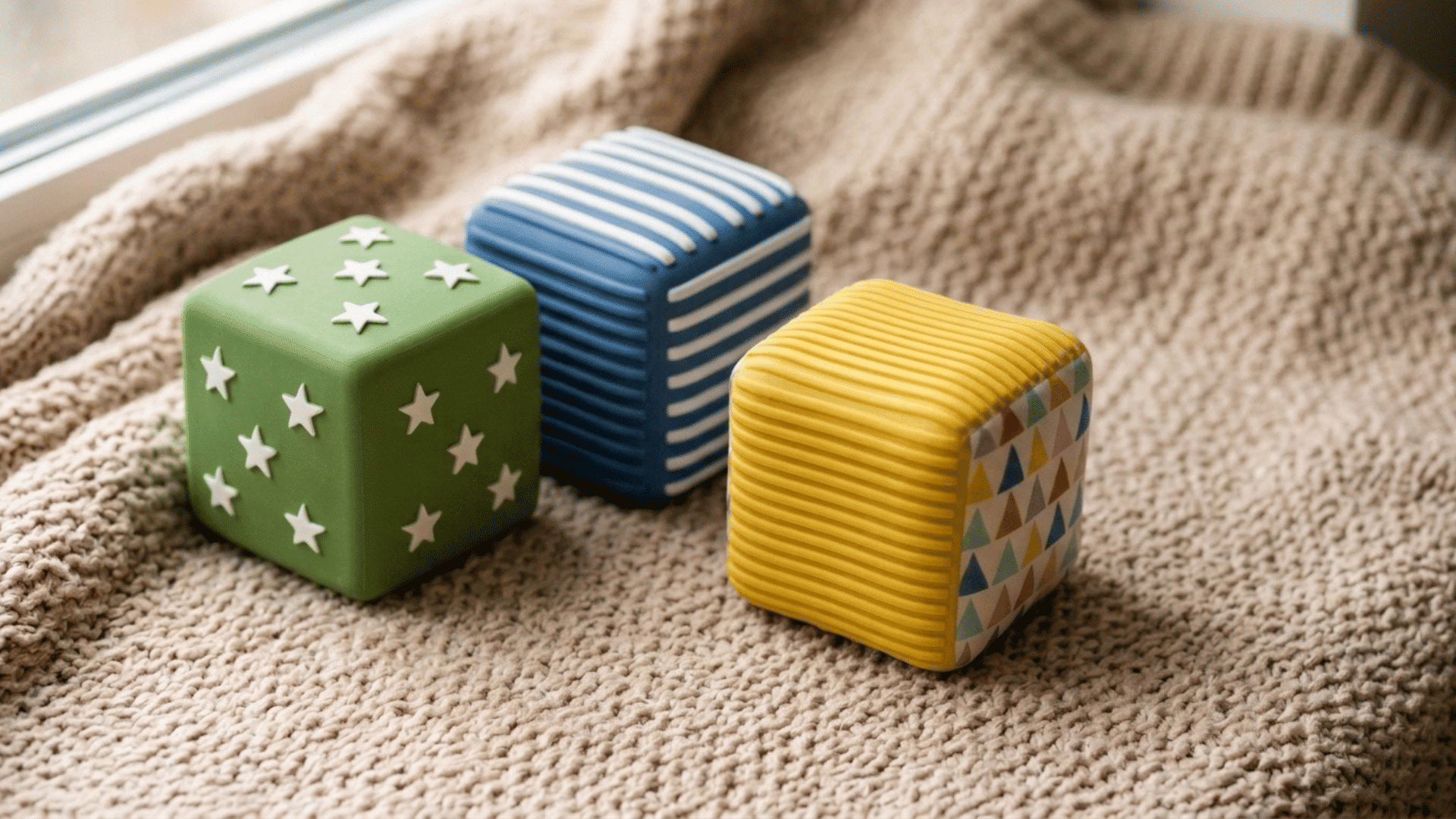 three fabric sensory cubes with raised stars, stripes and textured patterns on a knitted blanket
