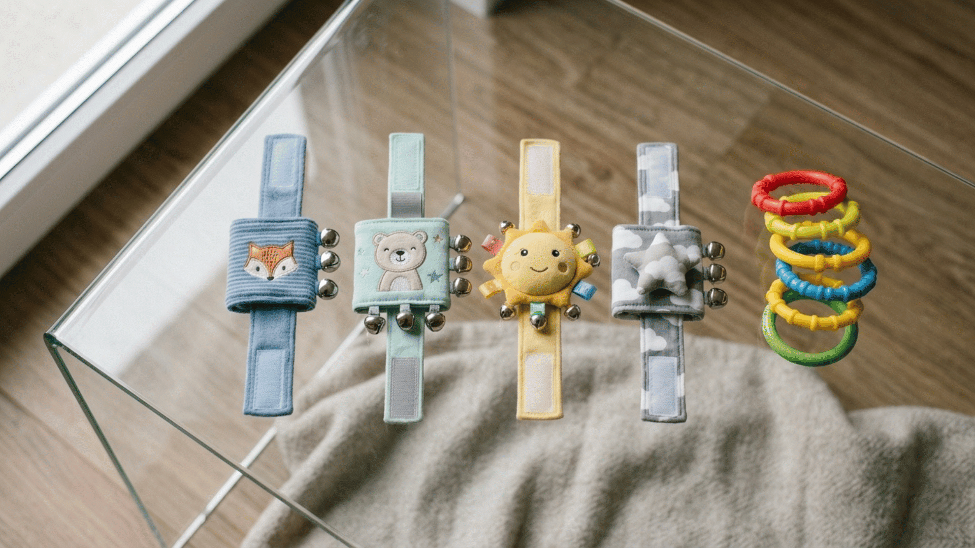 four soft fabric wrist rattles with animal designs and bells beside colourful linking rings