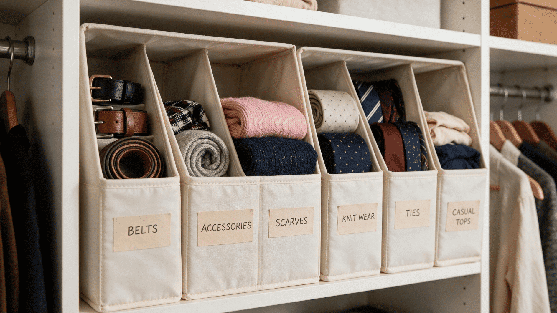 fabric bins on closet shelf organizing loose clothes and accessories in separate sections