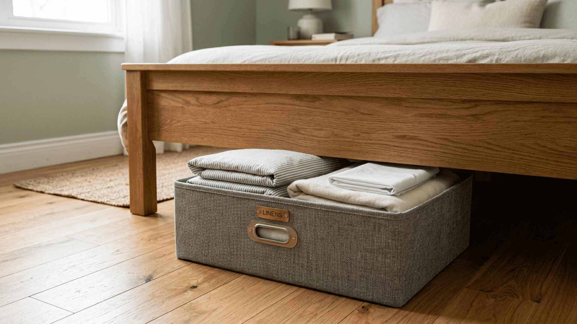 fabric storage bin pulled out from under a guest bed, holding folded linens and towels