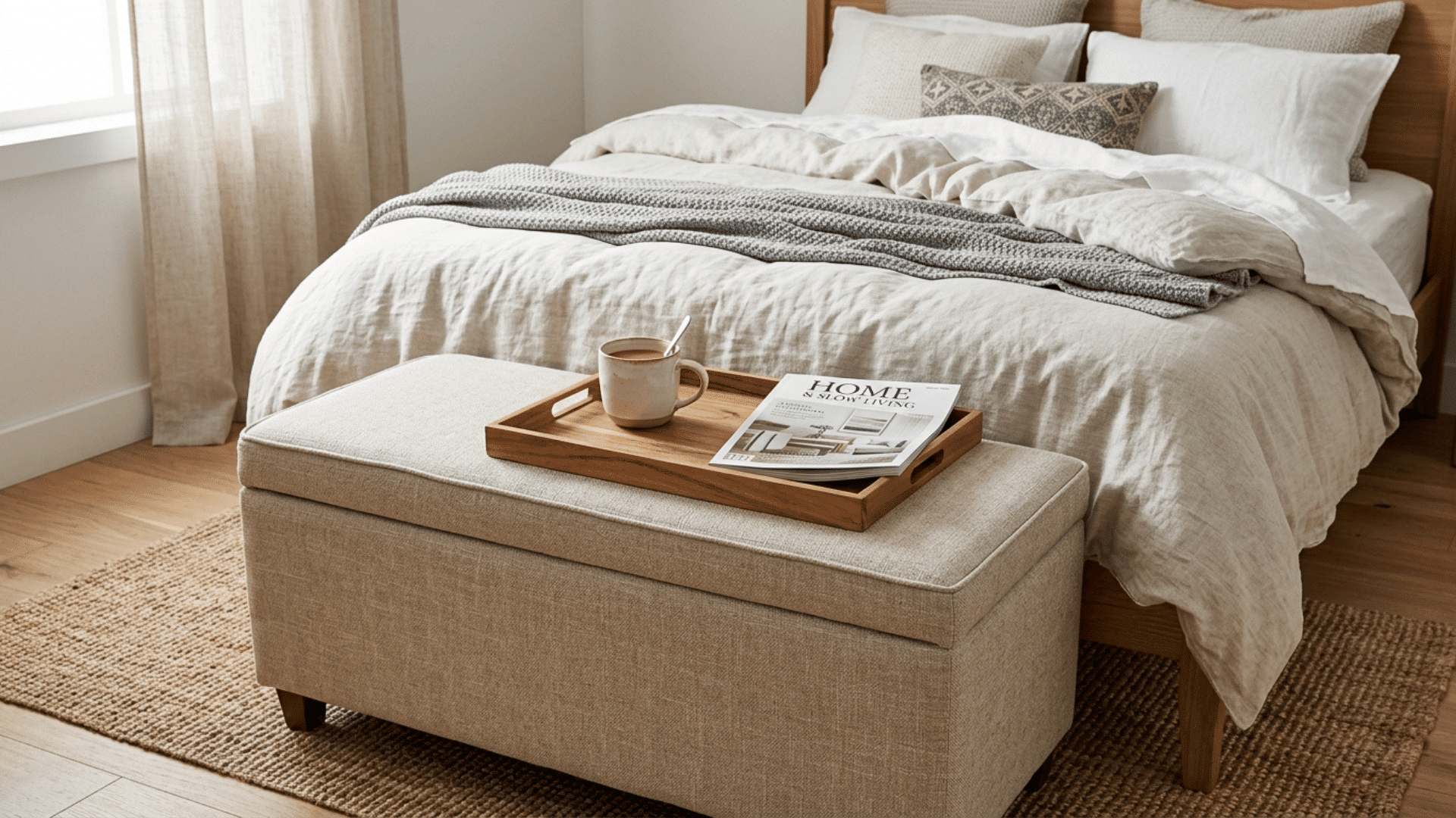fabric storage ottoman with a wooden tray at the foot of a small guest bedroom bed