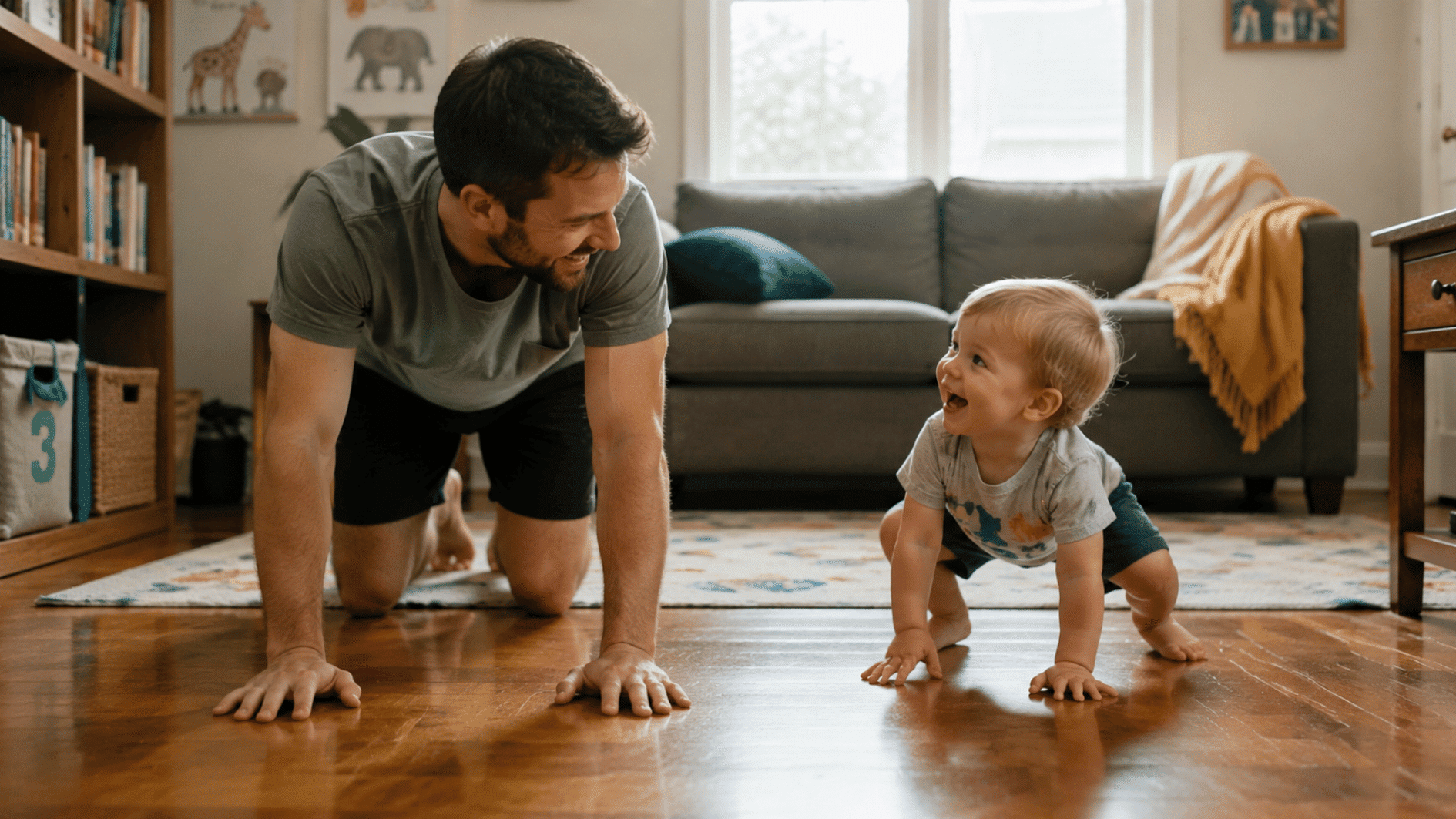 father and toddler copying animal movements together while crawling and playing on the living room floor