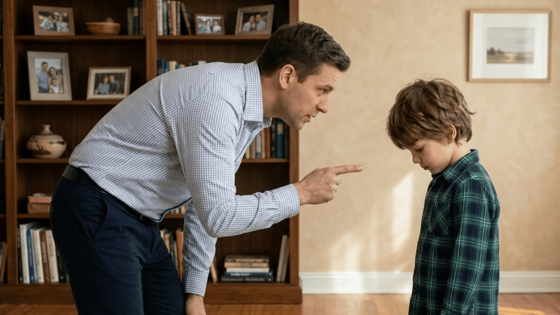 father points at a downcast young boy during a tense discipline talk in a warmly lit family room at home