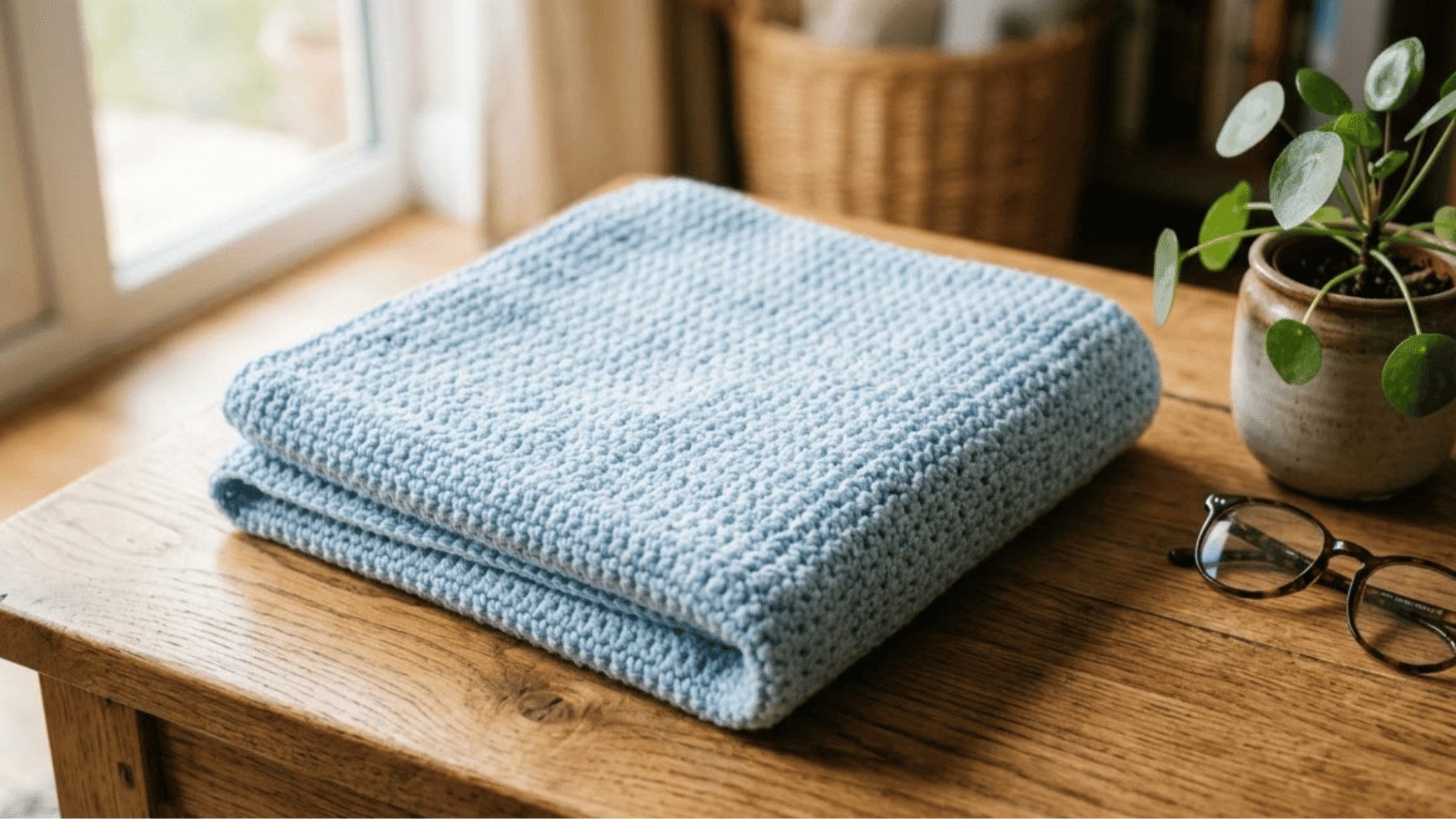 folded light blue crochet blanket on a wood table with no hands in frame