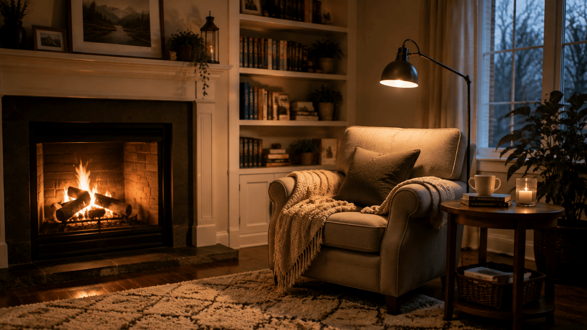fireplace reading area with cozy armchair, side table, rug, books, and warm lighting near the hearth